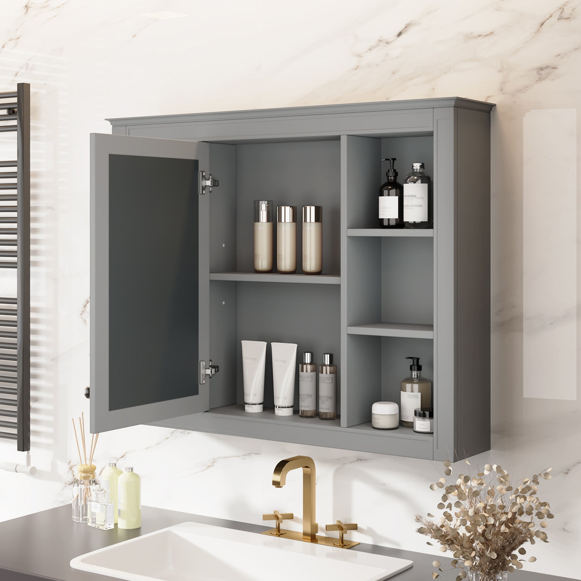 Wall-mounted medicine cabinet with mirror, 35 x 28 inch, angled view