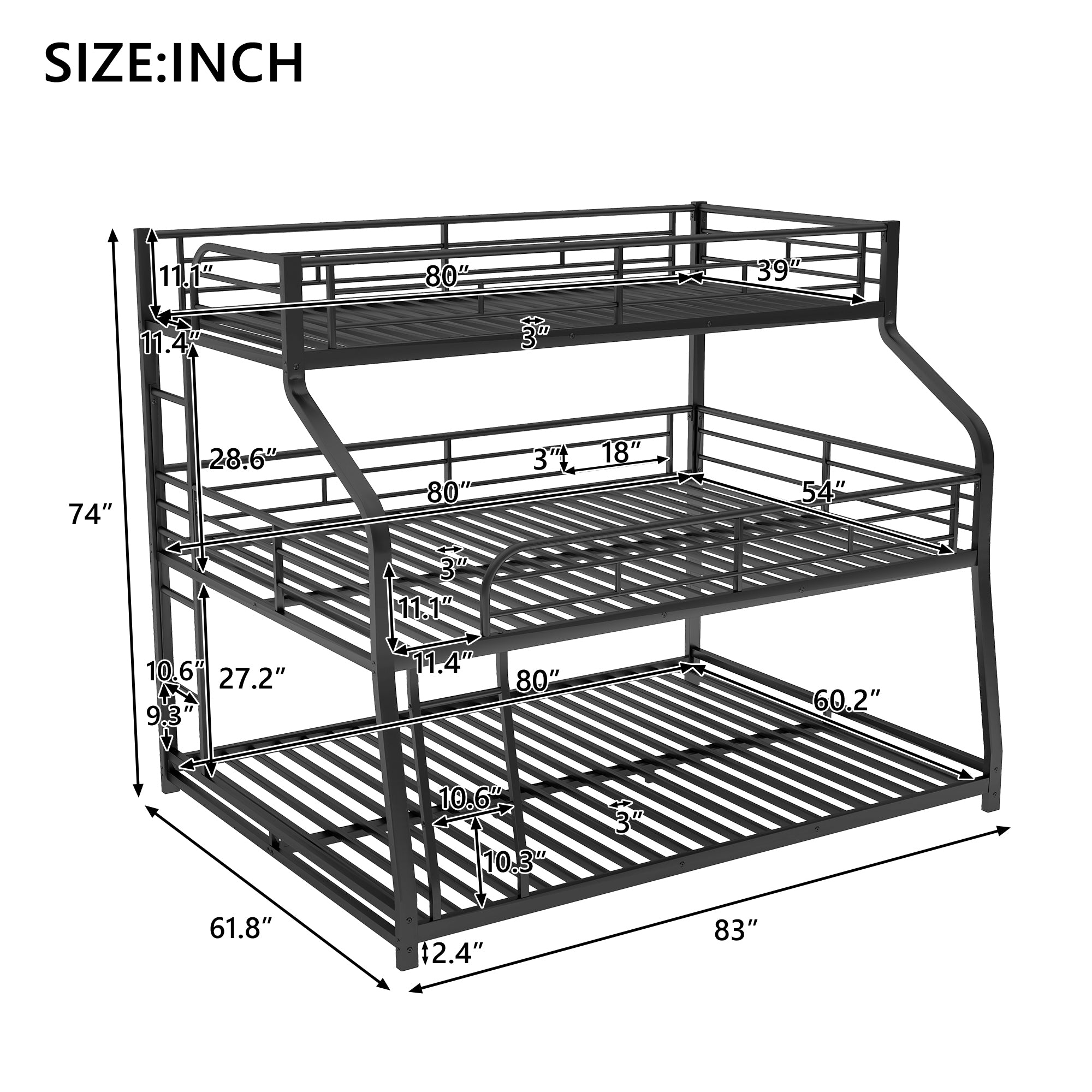 Twin XL/Full XL/Queen Triple Bunk Bed with Long and Short Ladder and Full-Length Guardrails,Black