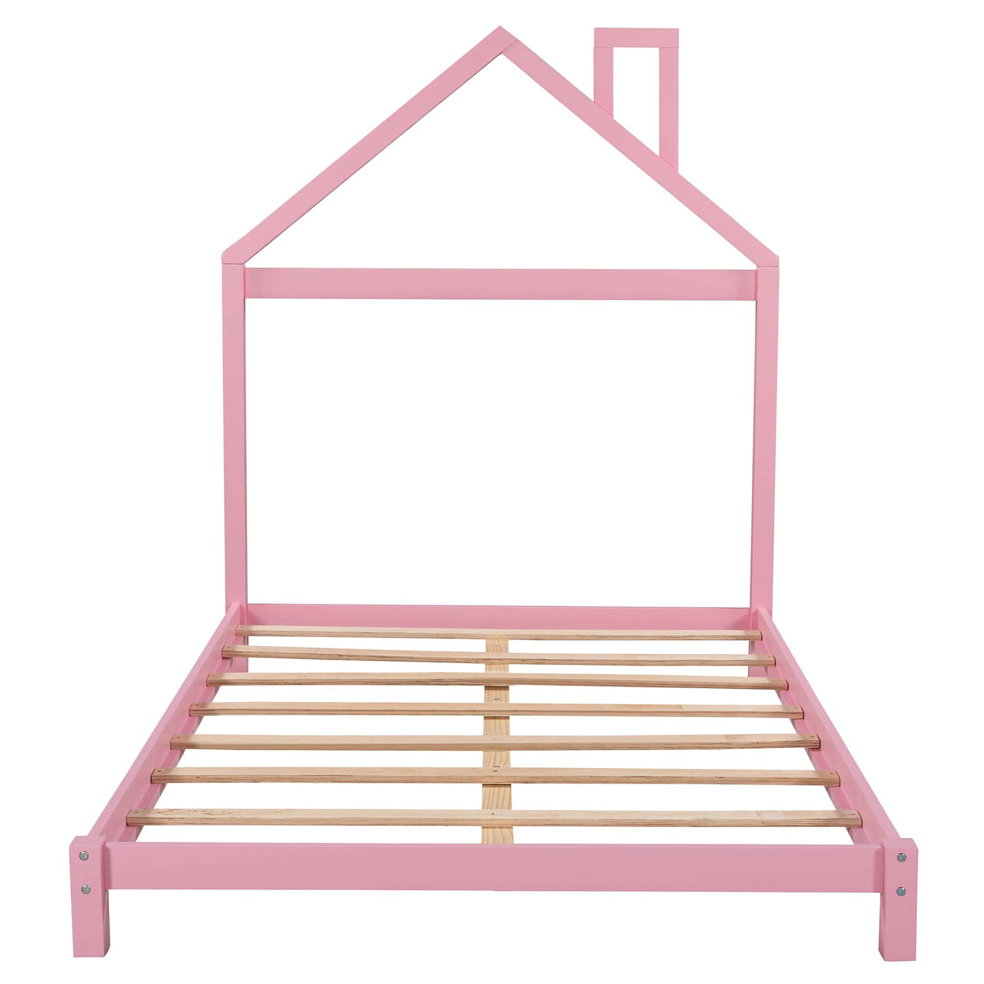 Full Size Wood Platform Bed with House-shaped Headboard (Pink)