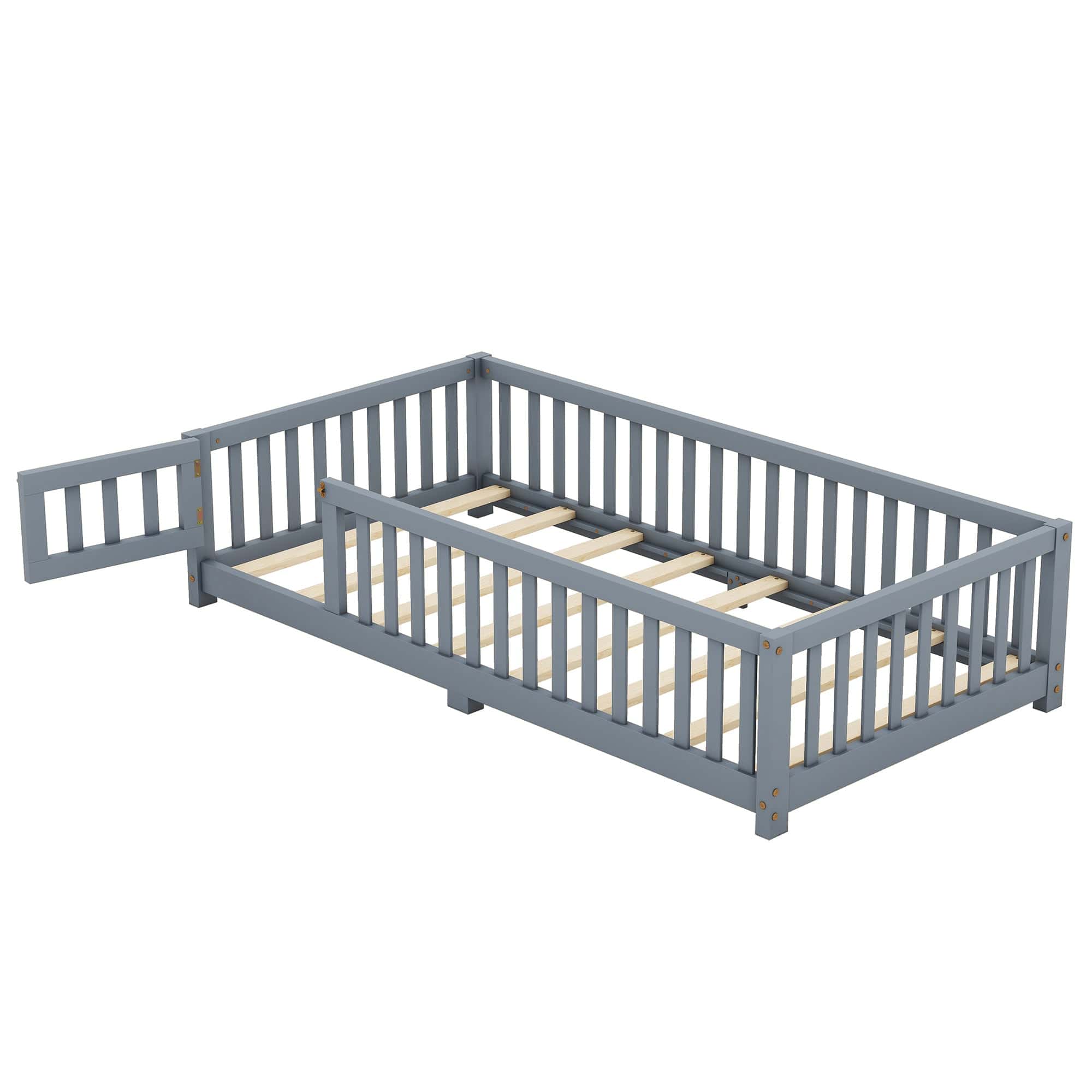 Twin Size Bed Floor Bed with Safety Guardrails and Door for Kids, Gray(Old SKU: W158090685)
