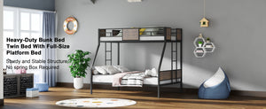 Twin over full metal bunk bed with guardrail and ladder, black, front view