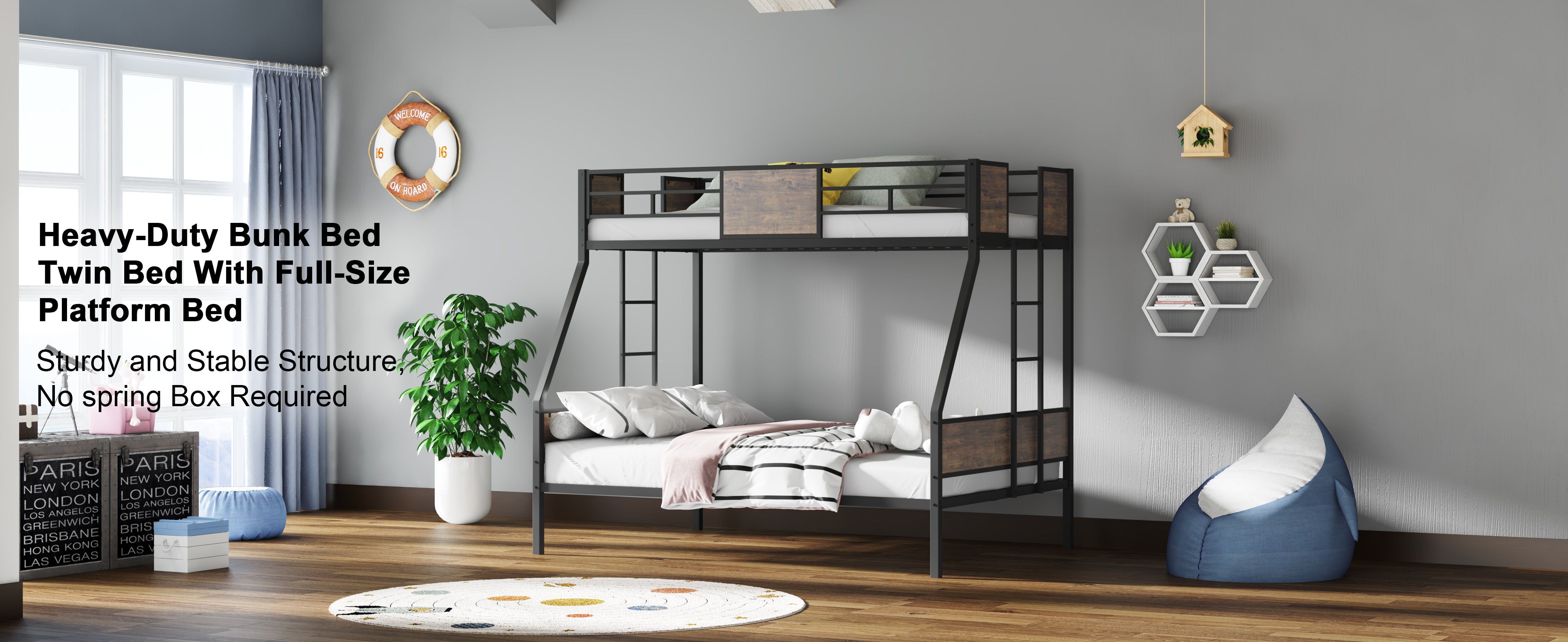 Twin over full metal bunk bed with guardrail and ladder, black, front view