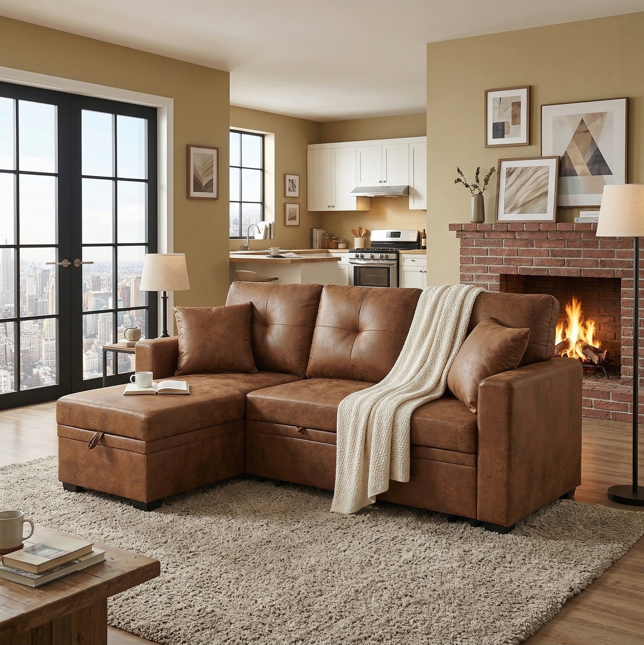 Light brown sectional sleeper sofa, angled side view
