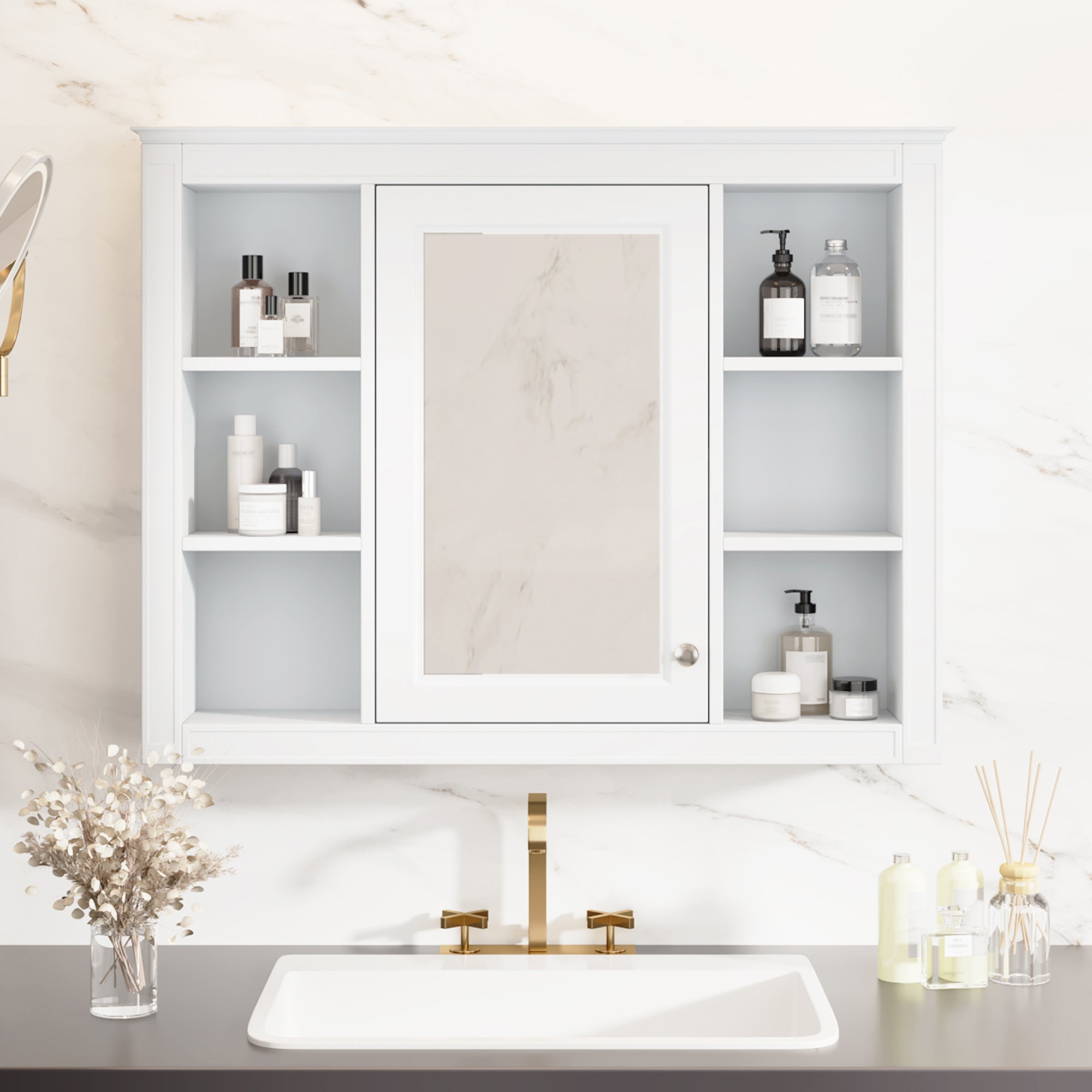 Medicine cabinet open showing 6 open shelves interior storage