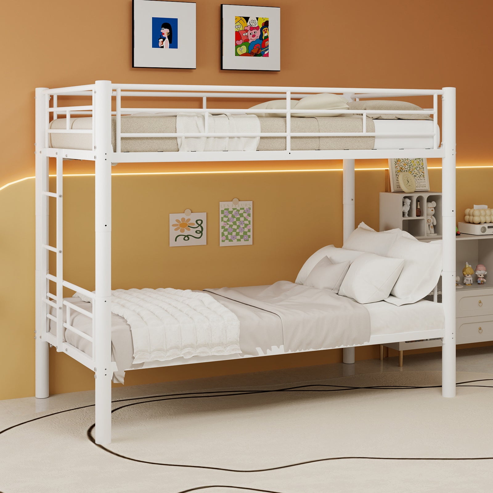 White twin over twin convertible metal bunk bed with guardrails and ladder, assembled view