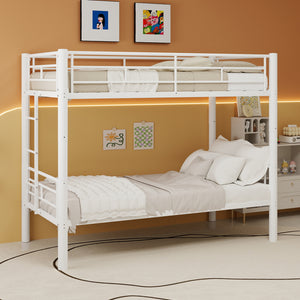White twin over twin convertible metal bunk bed with guardrails and ladder, assembled view