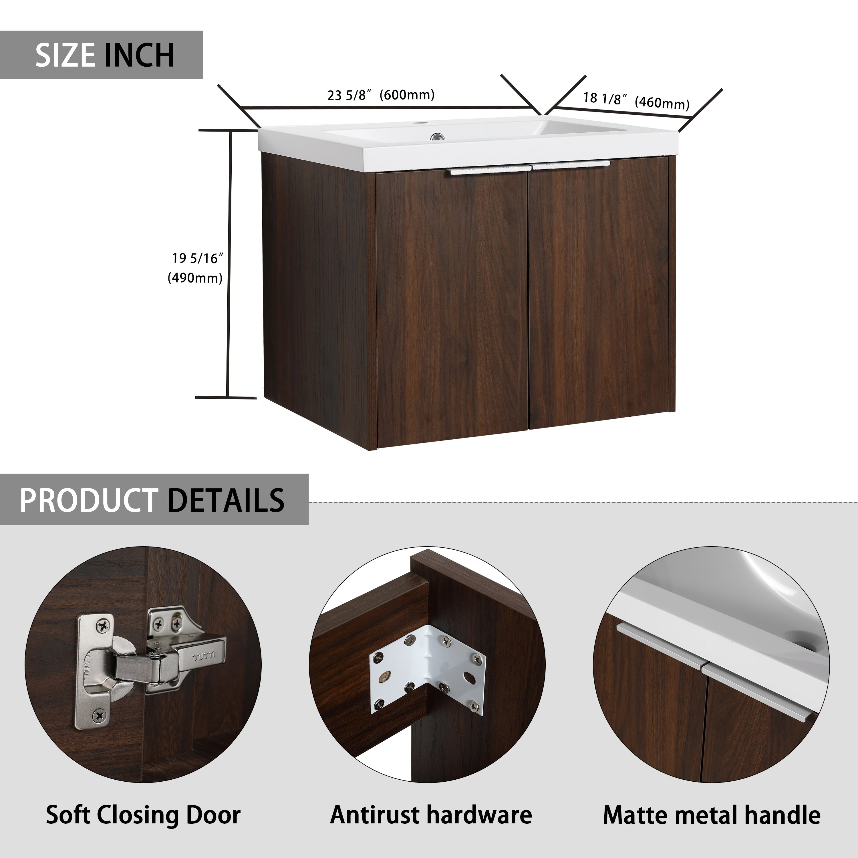 Bathroom Cabinet With Sink,Soft Close Doors,Float Mounting Design,24 Inch For Small Bathroom,24x18-00624CAW(KD-Packing)
