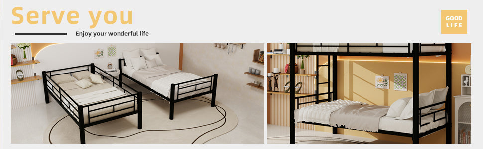 Twin over twin metal bunk bed in kids' bedroom setting