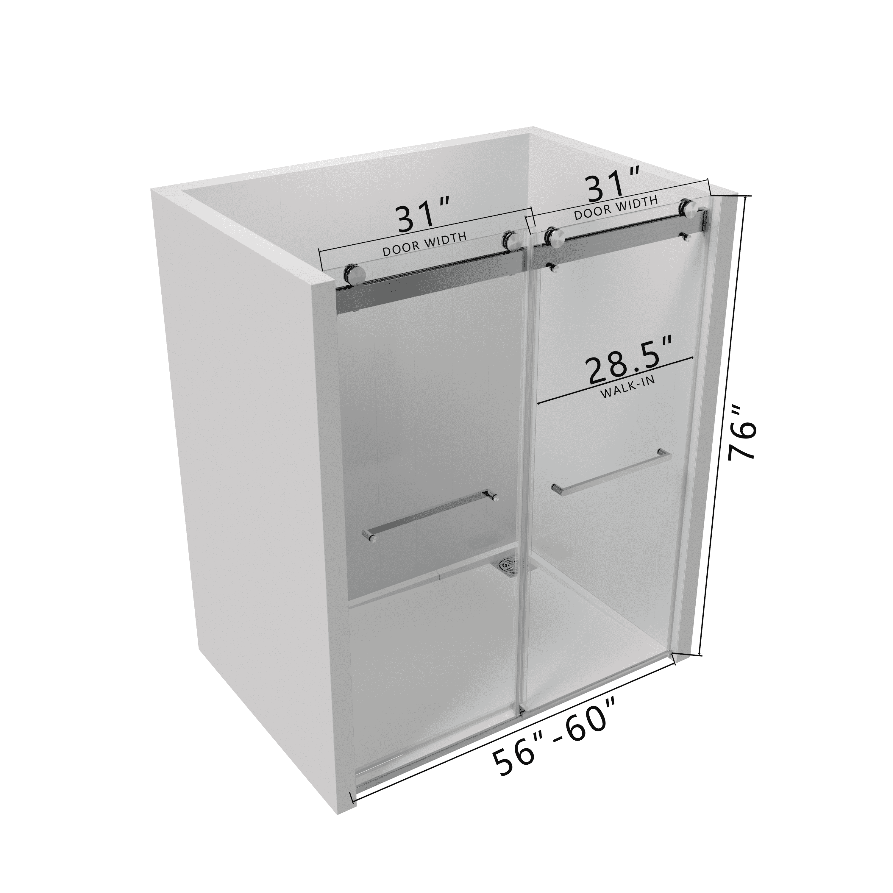 56-60"W x 76"H Double Sliding Frameless Soft-Close Shower Door, Premium 3/8 Inch (10mm) Thick Tampered Glass and Easy-cleaning Coating in Chrome 23D02-60C