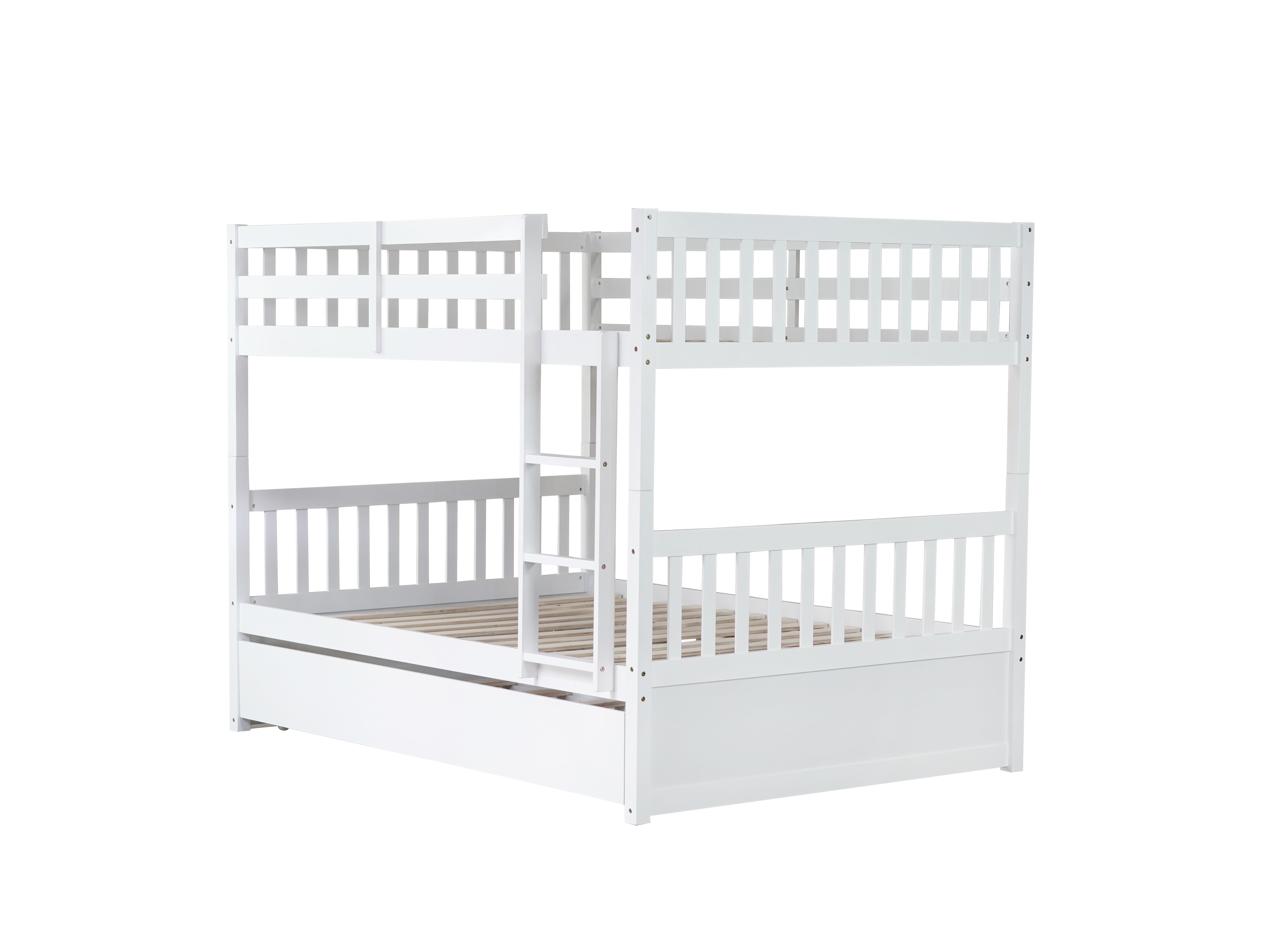 White rubber wood full over full bunk bed with trundle, room setting view