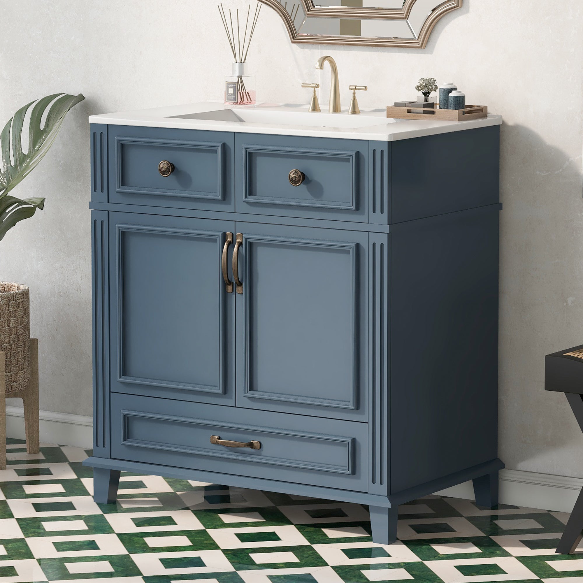 Retro blue bathroom vanity storage cabinet with soft-closing doors, detail view