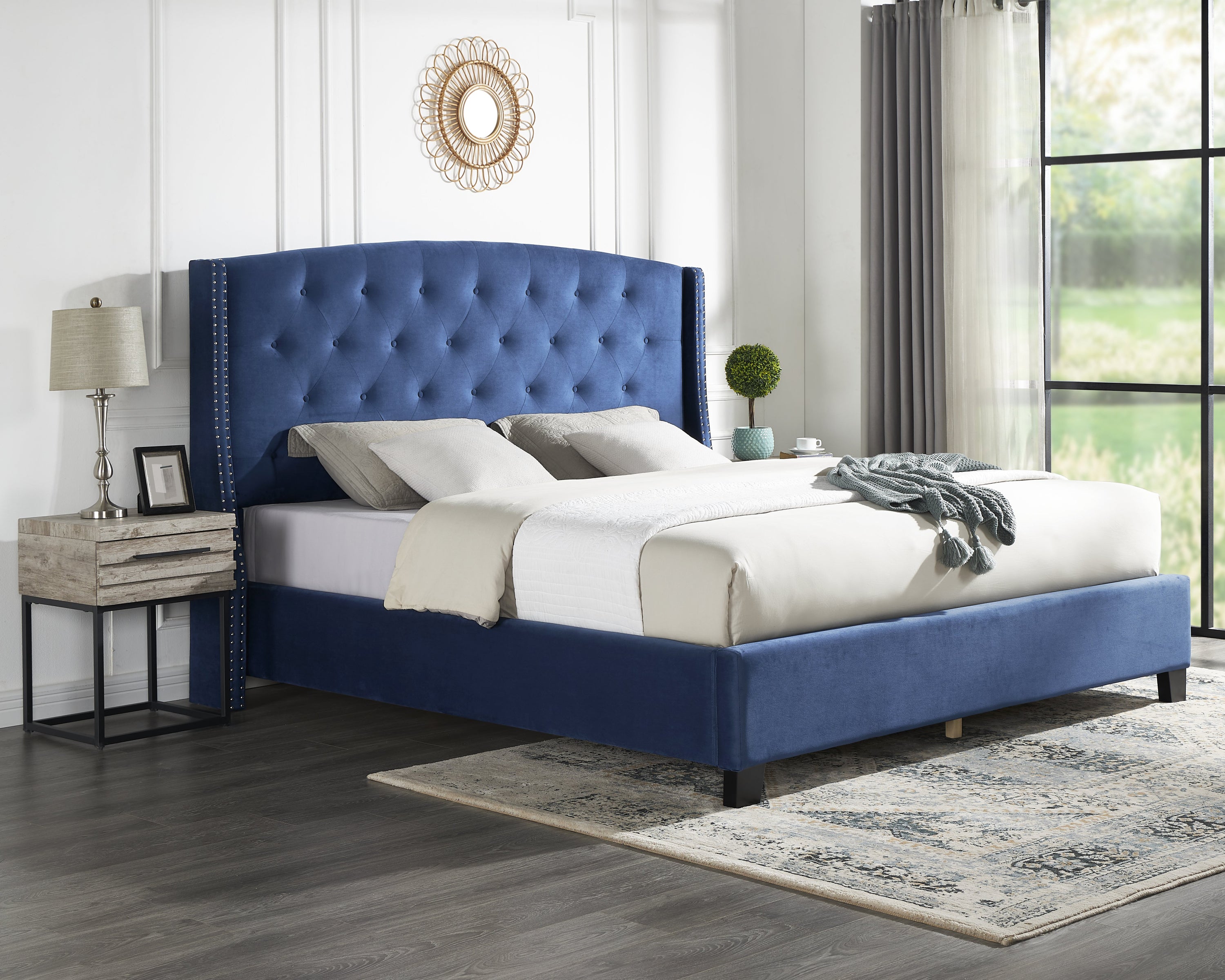 Fentina 3-Piece Upholstered Bedroom Set, Tufted Velvet Wingback Bed with Two Gray Nightstands