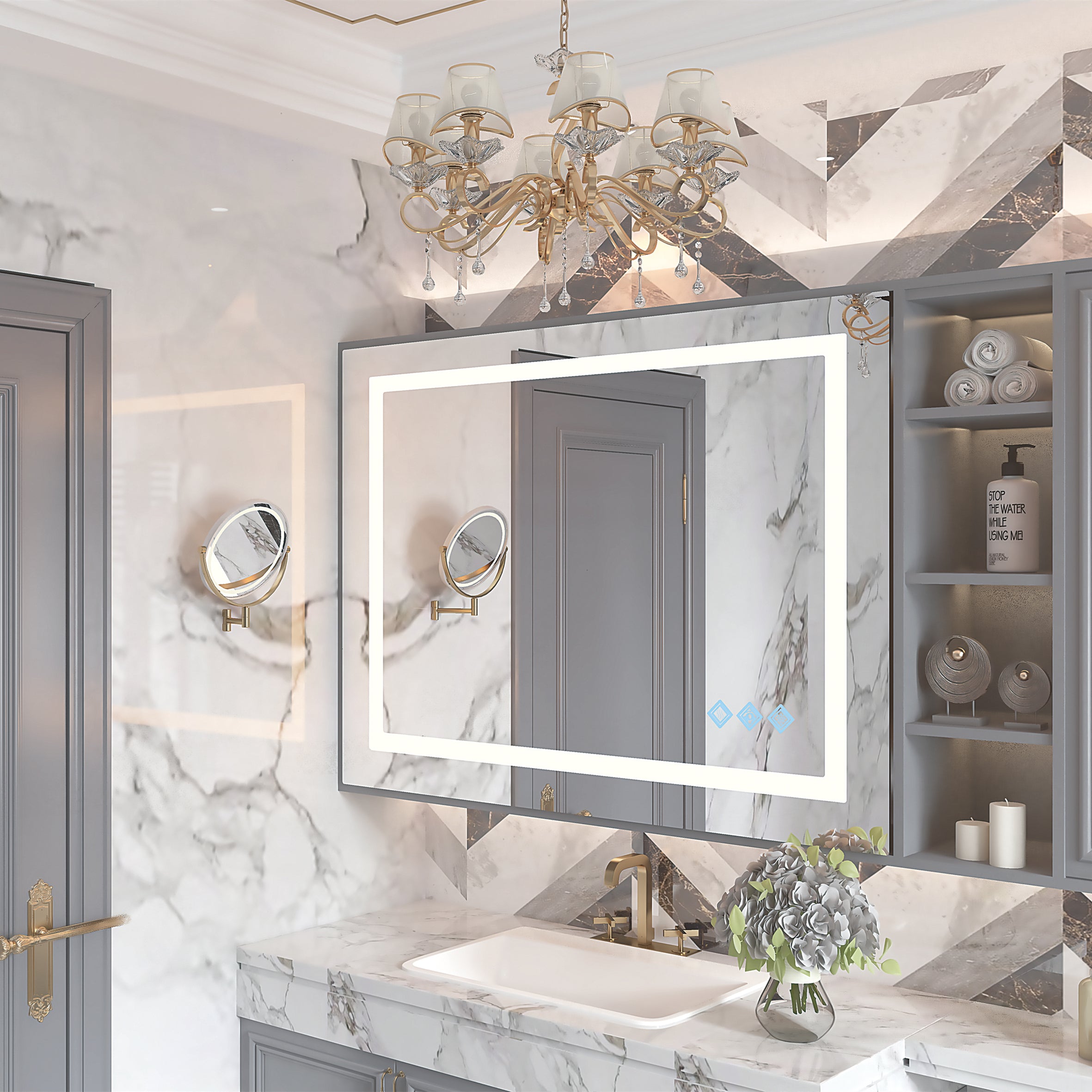 32x24inch Glossy Brushed Silver 3000-6000K LED Bathroom Mirror With Lights,Anti-Fog Dimmable Lighted Wall Mounted Vanity Mirror Master Bath Modern Makeup(Only mirrors, not cabinets)Horizontal&Vertical