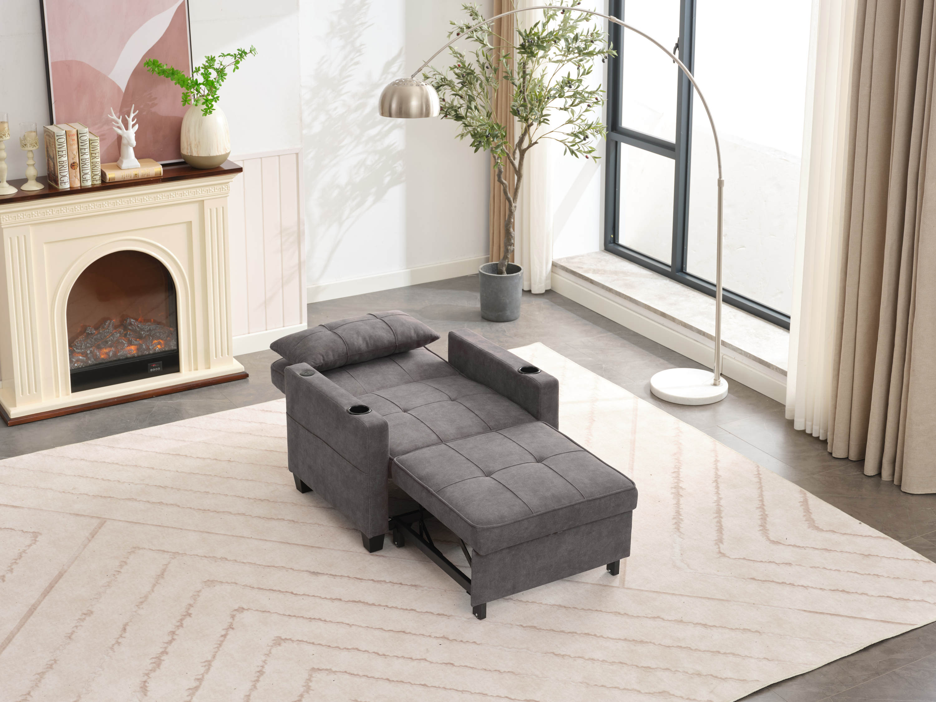 Futon Chair Bed Convertible Chair 3-in-1 Pull Out Sleeper Chair Beds with USB Ports,Wear-resistant and Anti-scratch, Armchair Bed Sleeper for Living Room (Dark Grey Scratch Cloth)