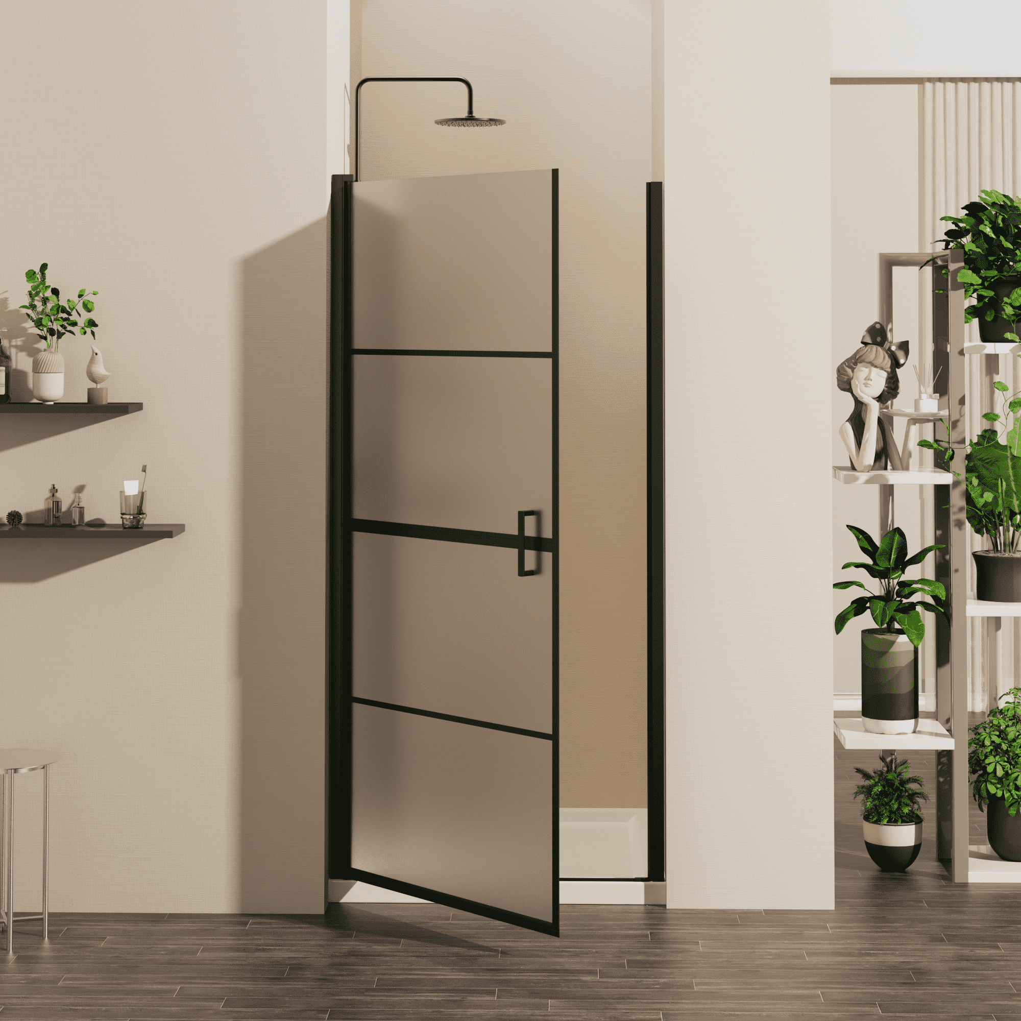 Goodyo 34"W x 72"H Framed Pivot Swing Shower Door Frosted Tempered Glass Grid Pattern with 35.4" White Shower Base Combo
