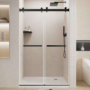 Frameless double sliding shower door 44-48 inch matte black front view