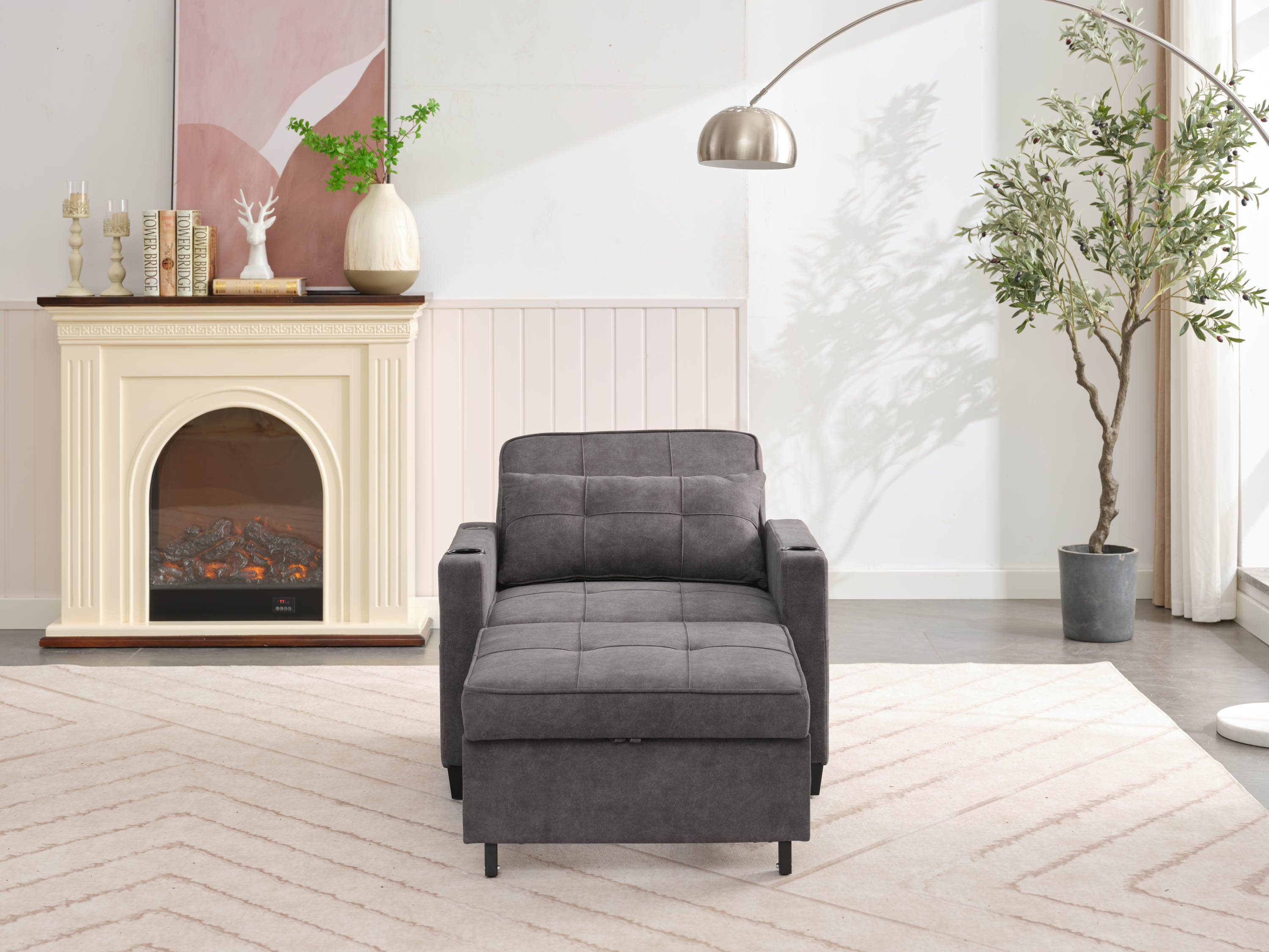 Futon Chair Bed Convertible Chair 3-in-1 Pull Out Sleeper Chair Beds with USB Ports,Wear-resistant and Anti-scratch, Armchair Bed Sleeper for Living Room (Dark Grey Scratch Cloth)