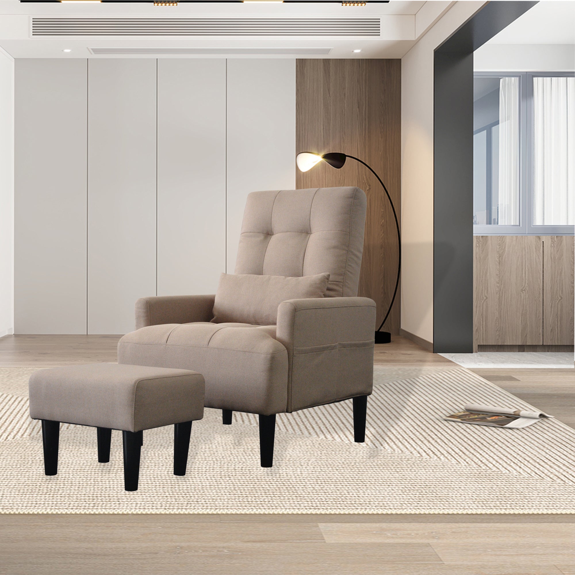 Redde Boo brown living room sofa single chair and ottoman, modern multi-function fabric living room sofa lounge chair bed and stool. Soft leisure single chair adjustable into 5 angles with sofa bed