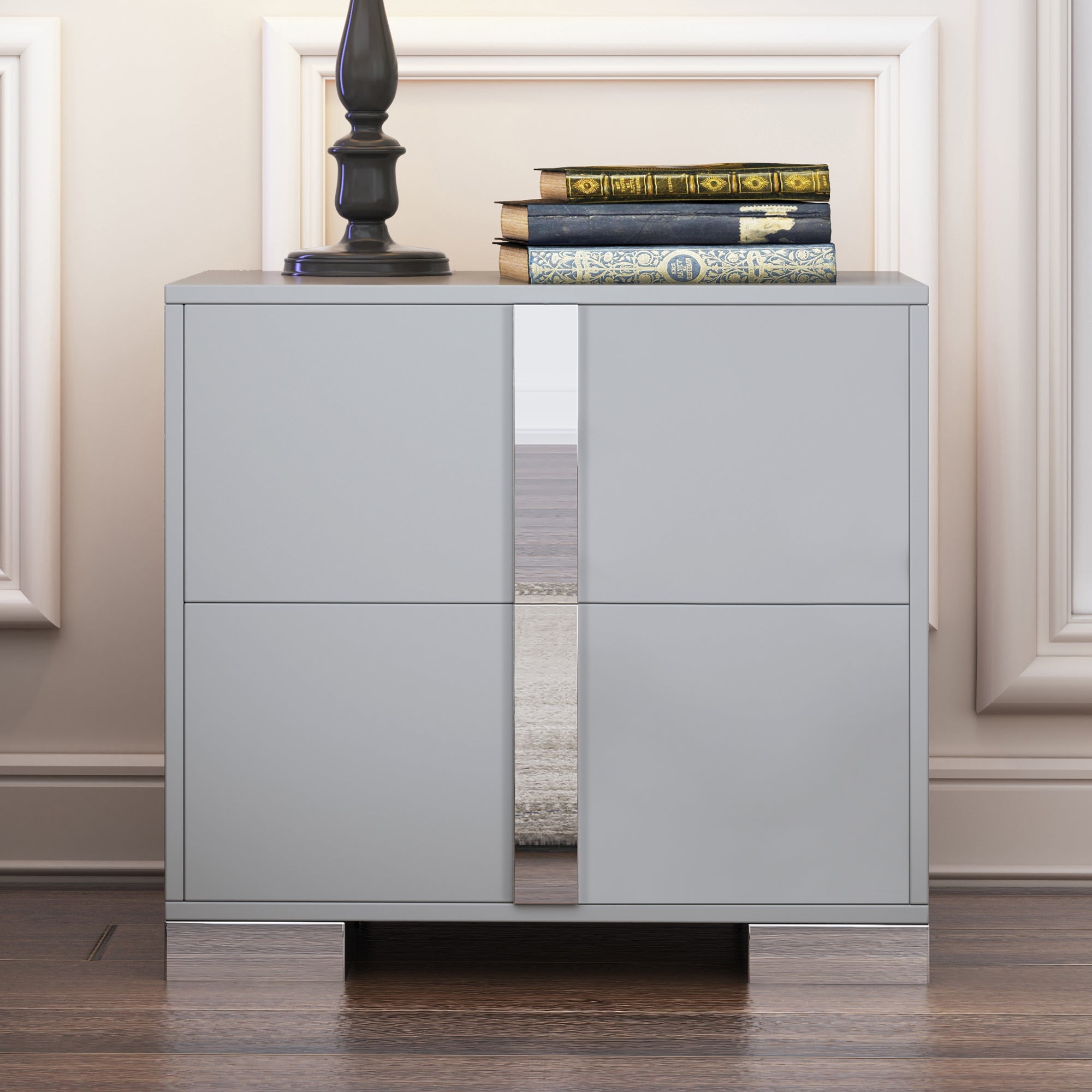Gray mirrored nightstand with 2 drawers and metal feet, front view