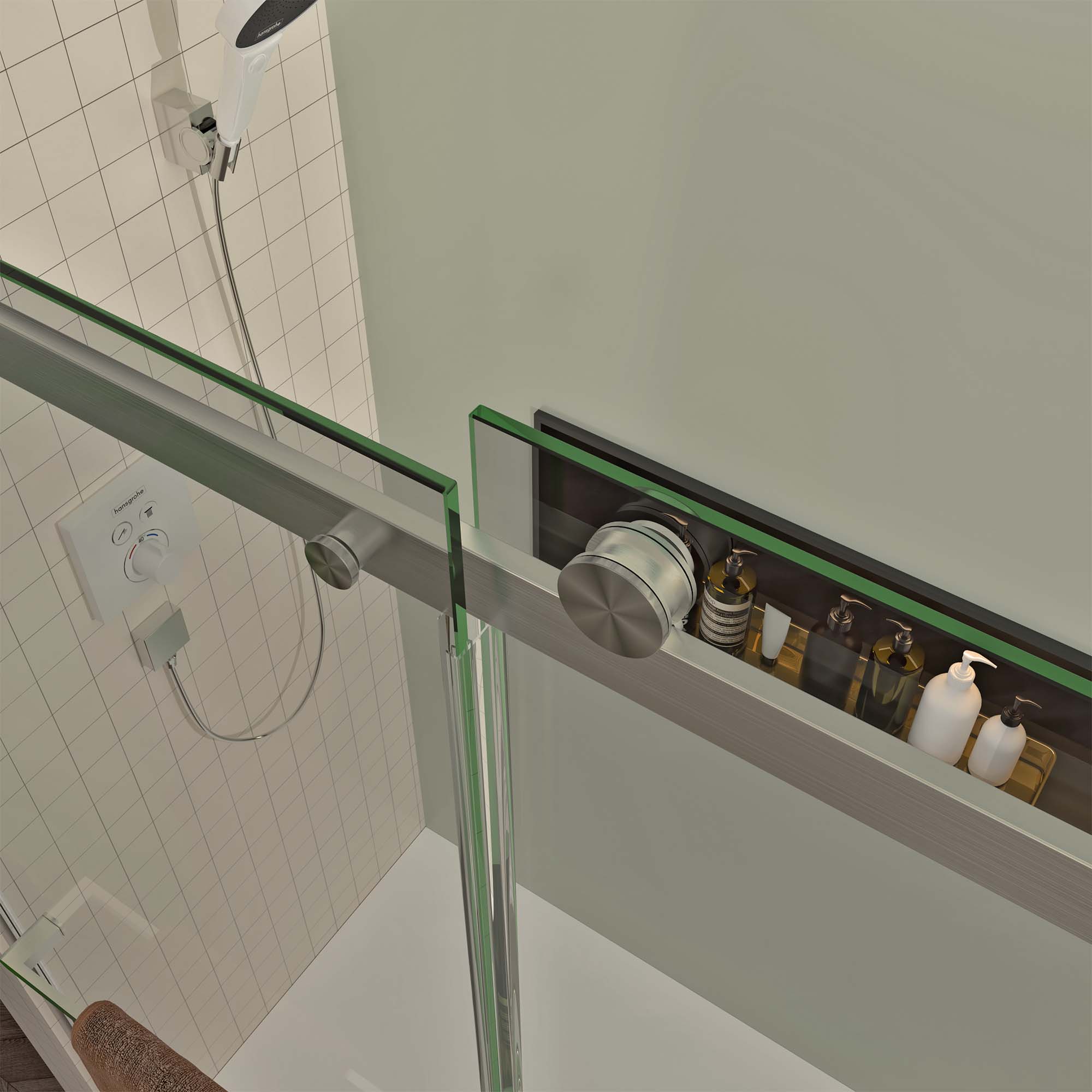 Frameless sliding shower door 56-60 in brushed nickel hardware detail