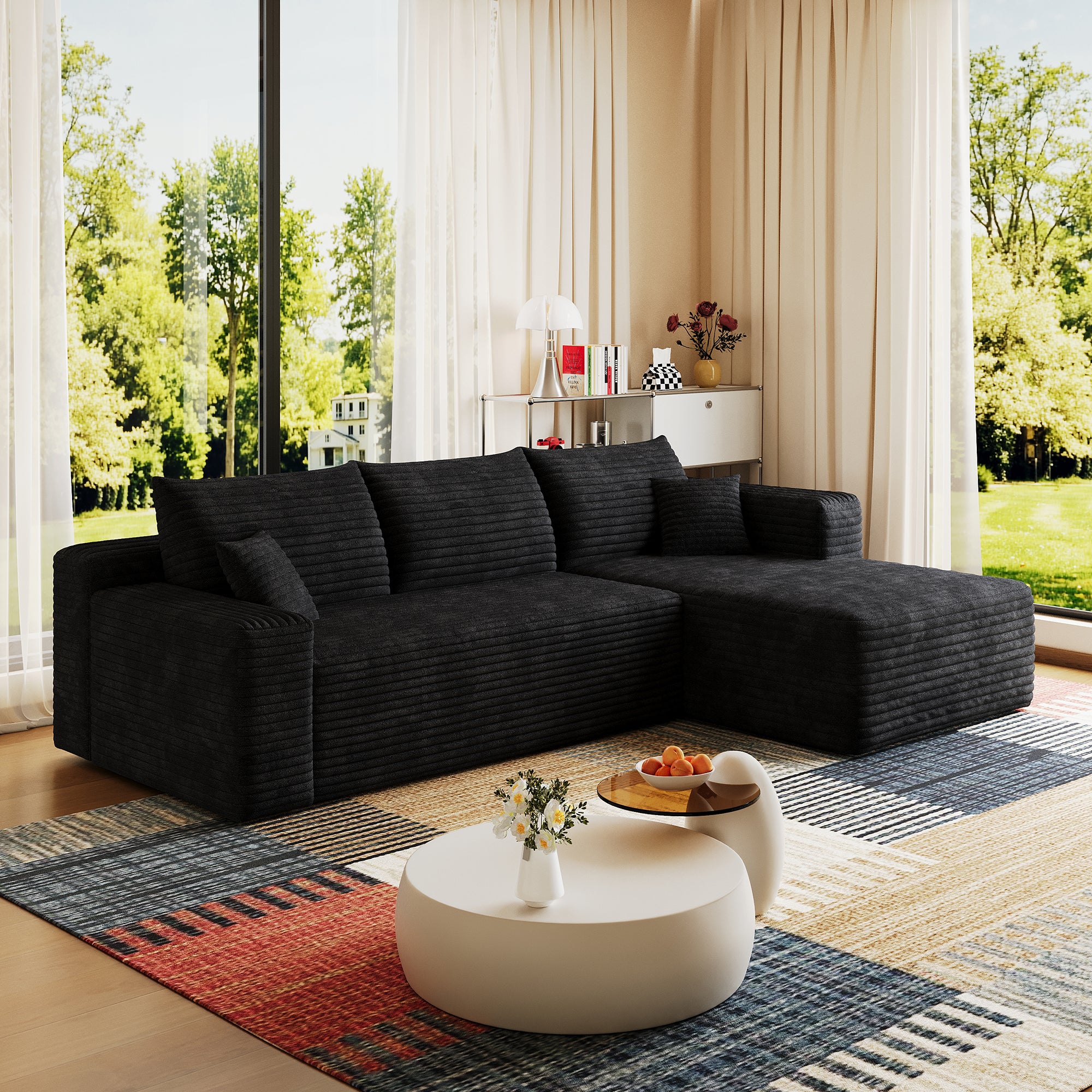 Black corduroy U-shaped cloud sectional sofa top angle view