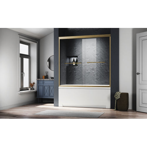 Brushed gold semi-frameless 56-60 in. sliding bathtub door, installed in bathroom