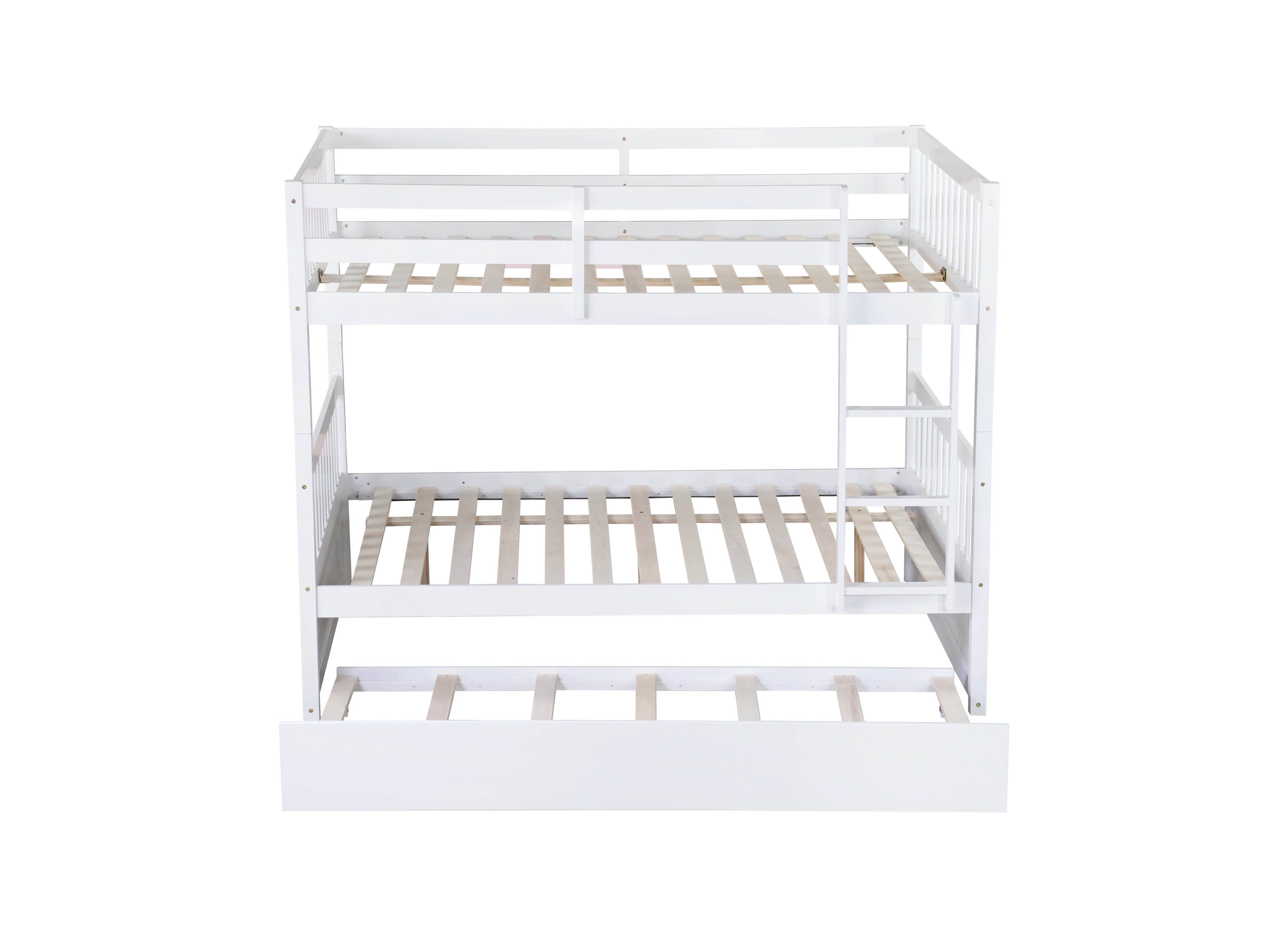 White rubber wood full bunk bed showing ladder and guardrails, side view