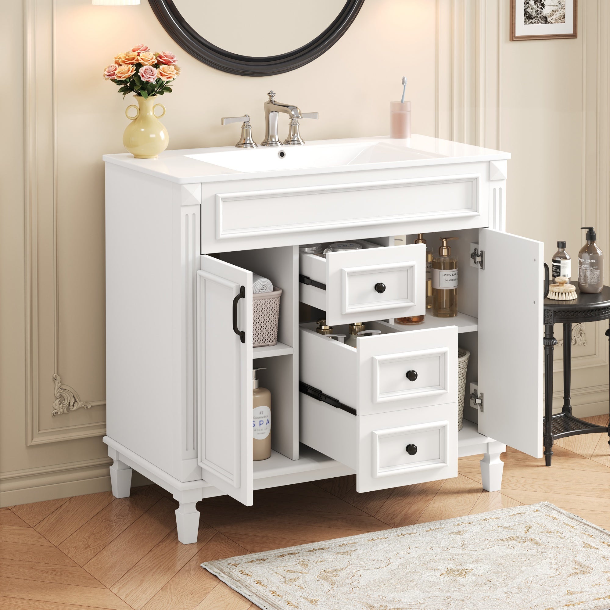 36-inch modern single-sink bathroom vanity with soft-closing doors, angled view