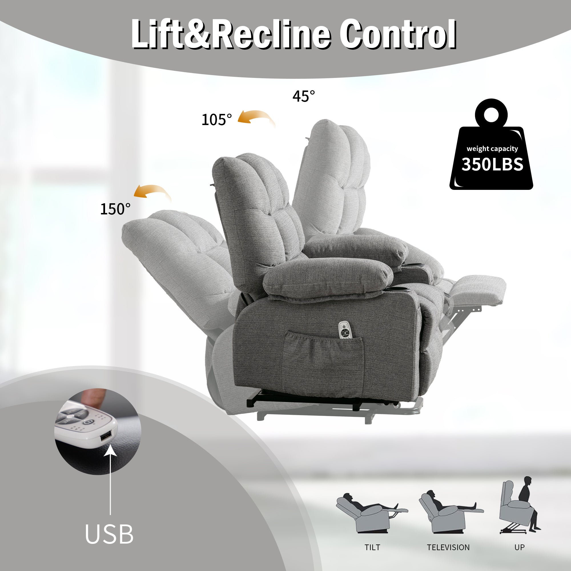 Power Lift Recliner Chair Recliners for Elderly with Heat and Massage Recliner Chair for Living Room with Infinite Position and Side Pocket,USB Charge Port.SMOKYGREY
