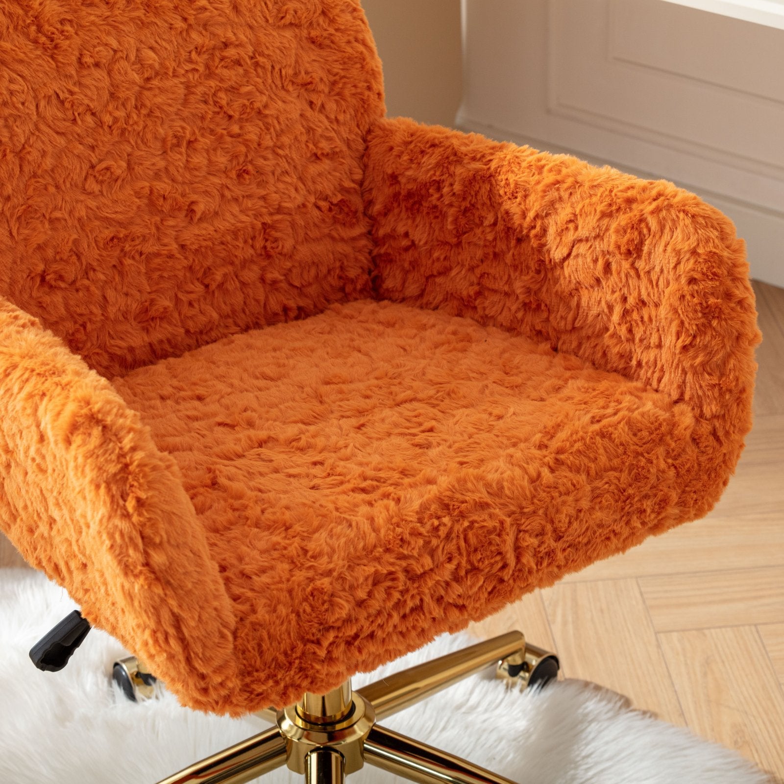 A&A Furniture Office Chair,Artificial rabbit hair Home Office Chair with Golden Metal Base,Adjustable Desk Chair Swivel Office Chair,Vanity Chair(Orange)