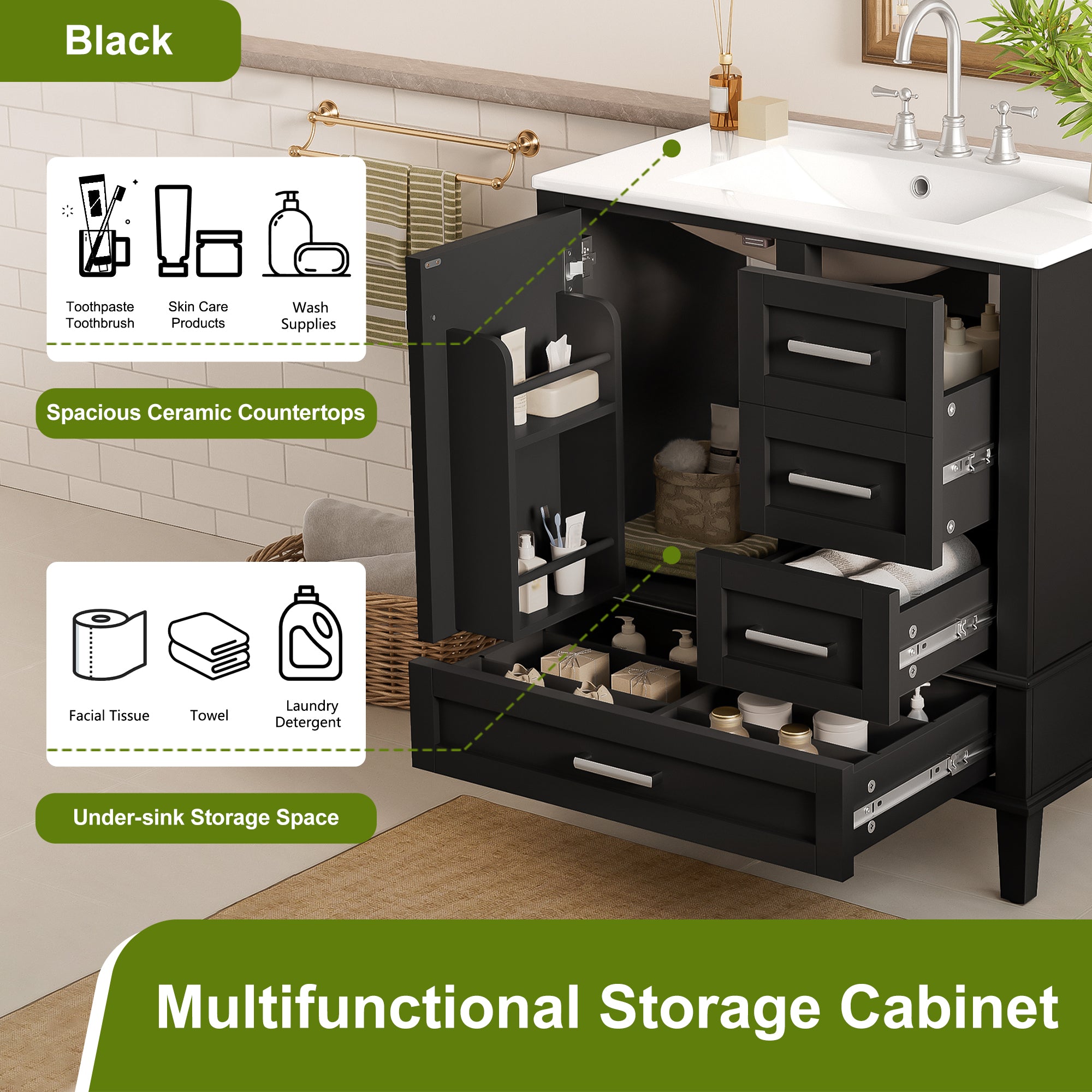 30 inch bathroom vanity black sink and countertop close up