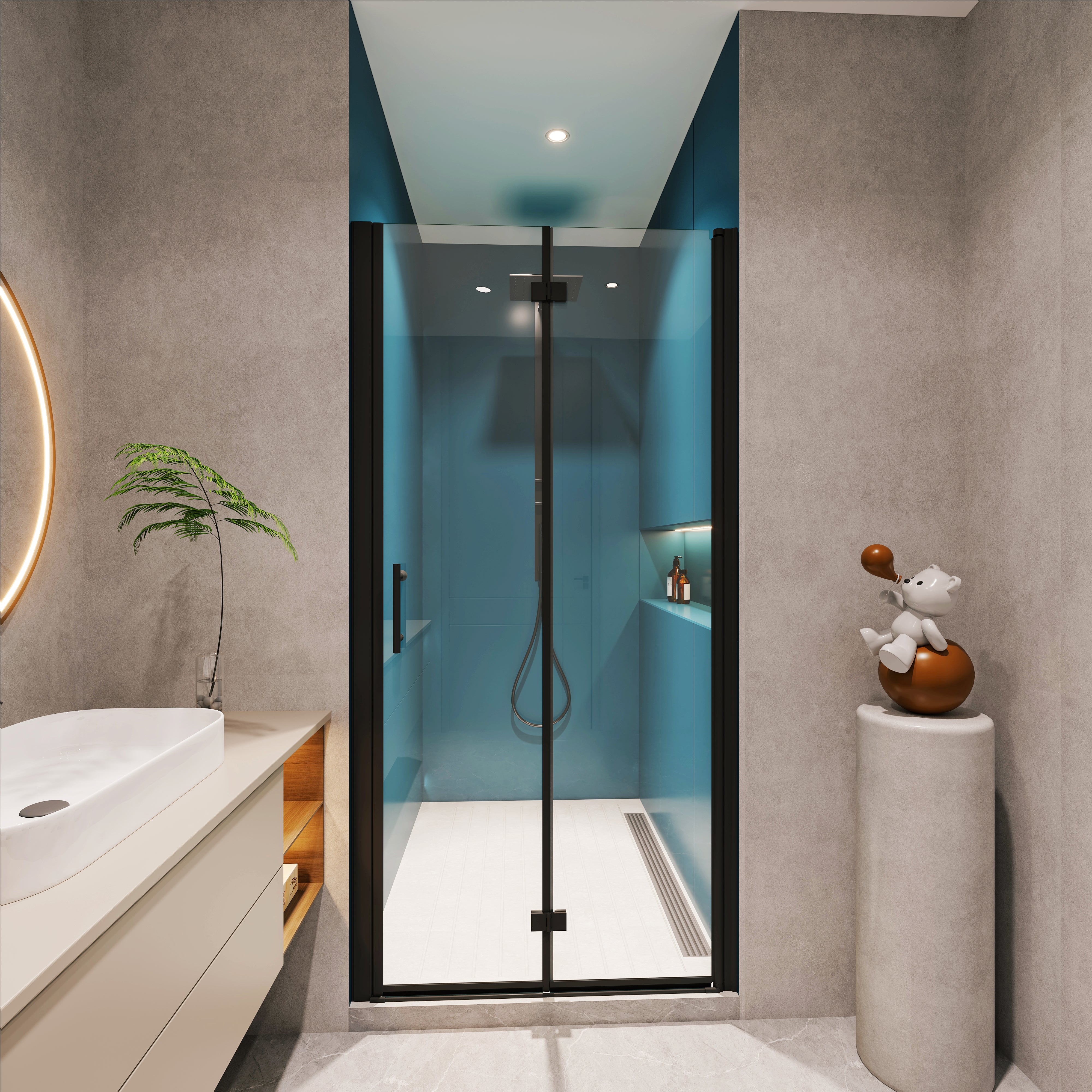 32-33 x 72 in matte black pivot shower door installed view