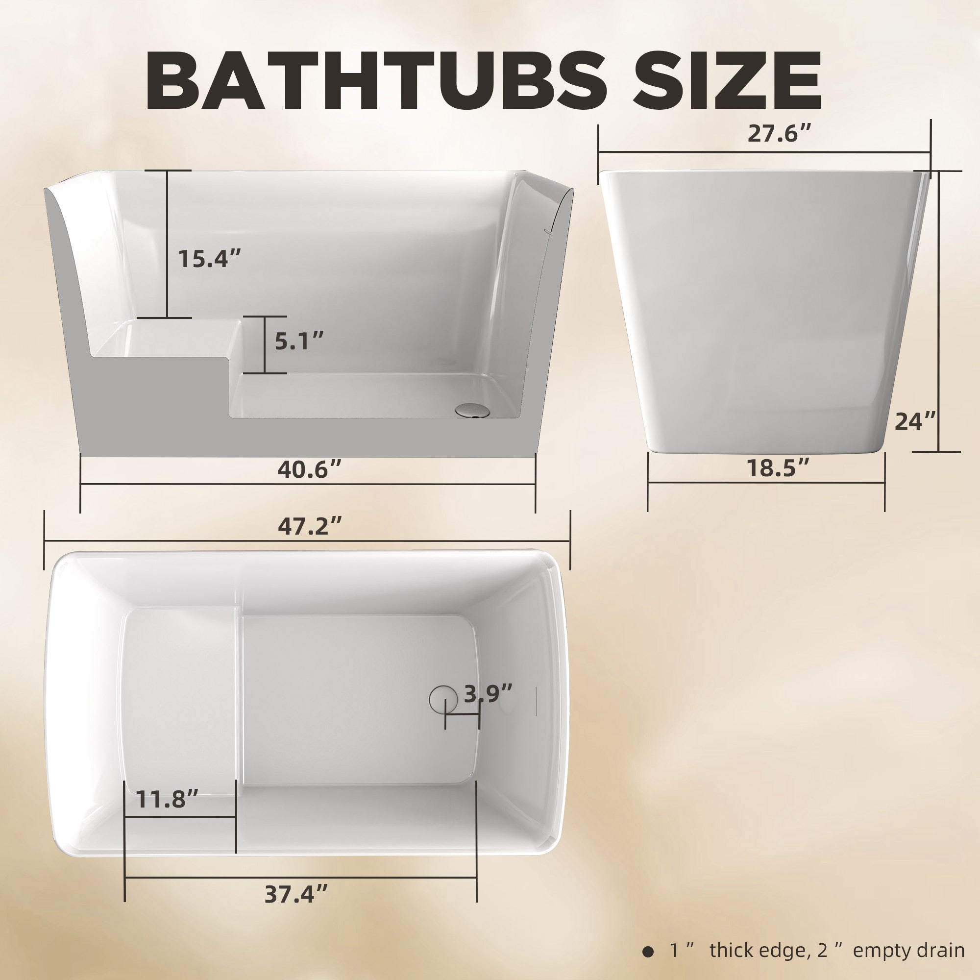 Rectangle acrylic freestanding tub gloss white, invisible overflow view