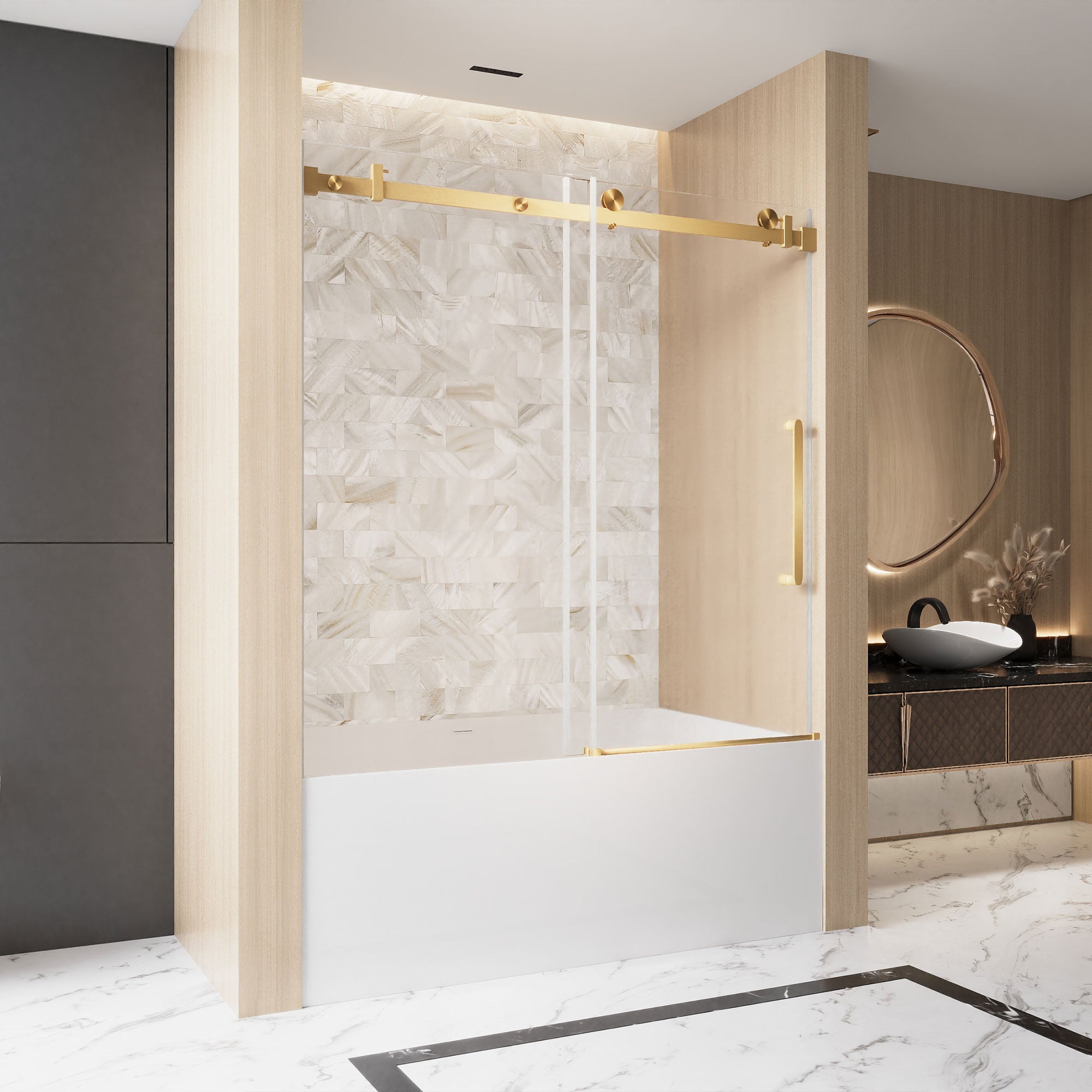 56-60 x 60 in Frameless Single Sliding Square-Tube Tub Door - 56-60 x 60 in / Brushed Gold / Square Tube view 2