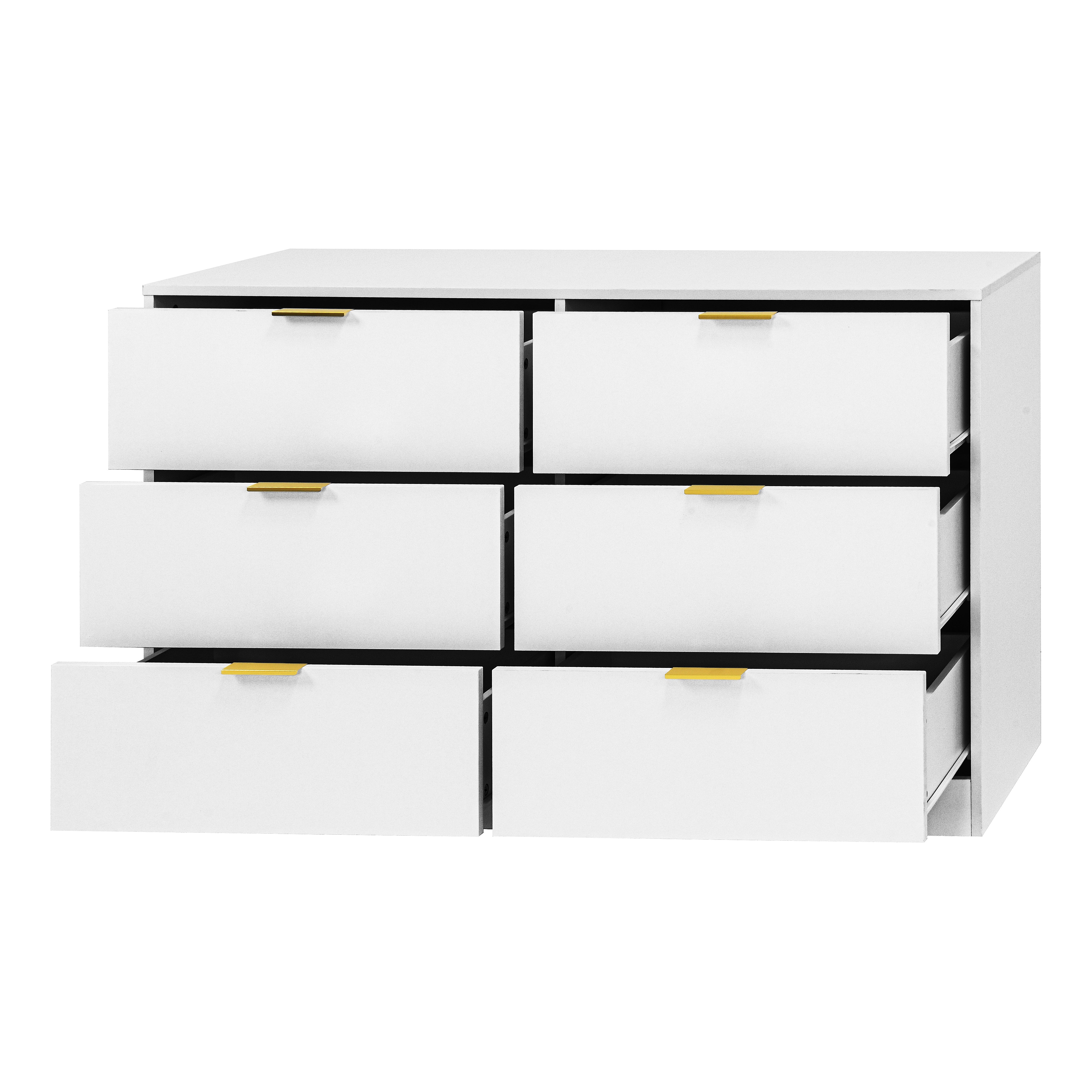 White 6-drawer dresser detail, drawer handle close-up