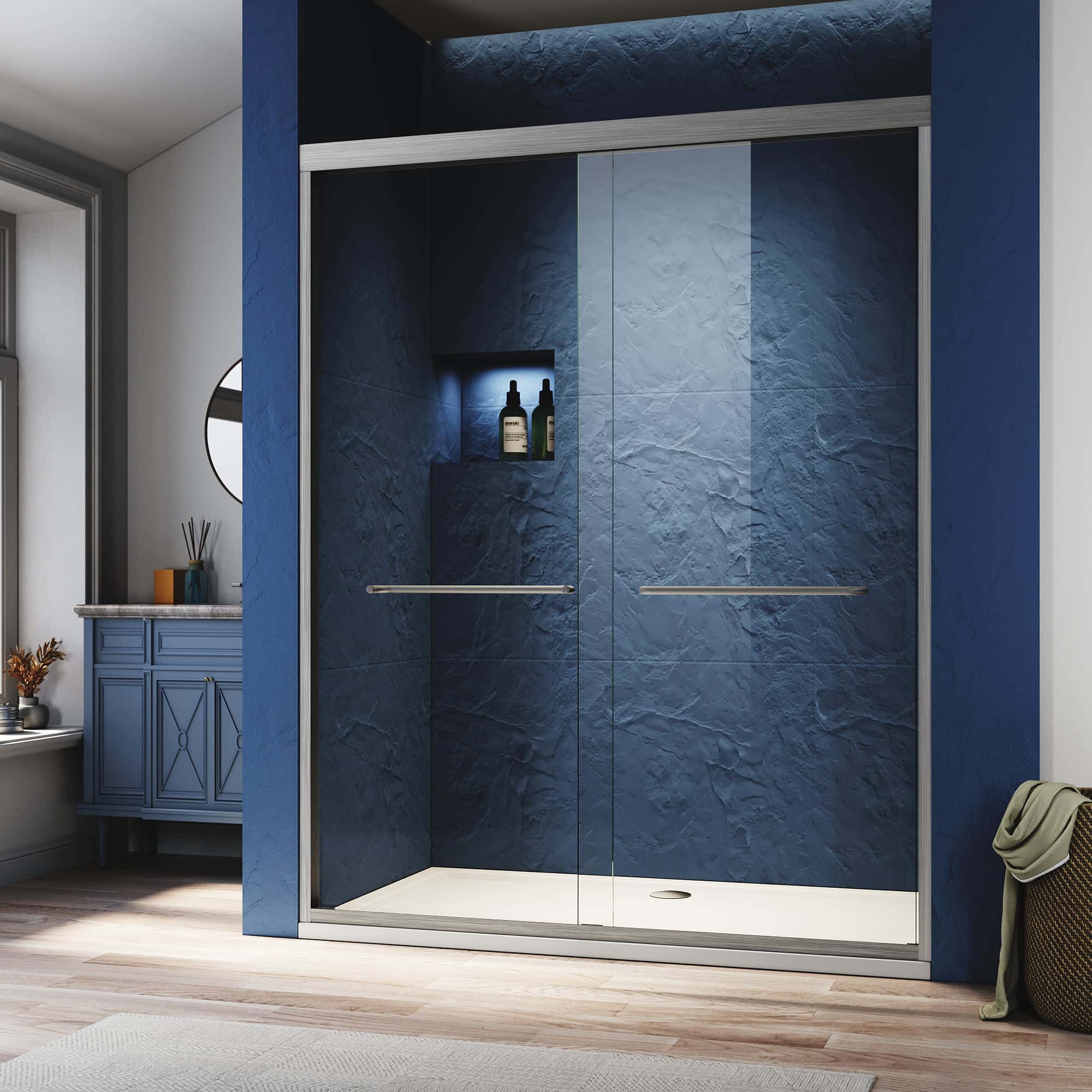 Sliding Glass Tub Door 56-60"W x 57"H, Brushed Nickel Semi Frameless Double Bathtub Door, Certified Thick Clear Clear Tempered Glass, 304 Stainless Steel Handles.
