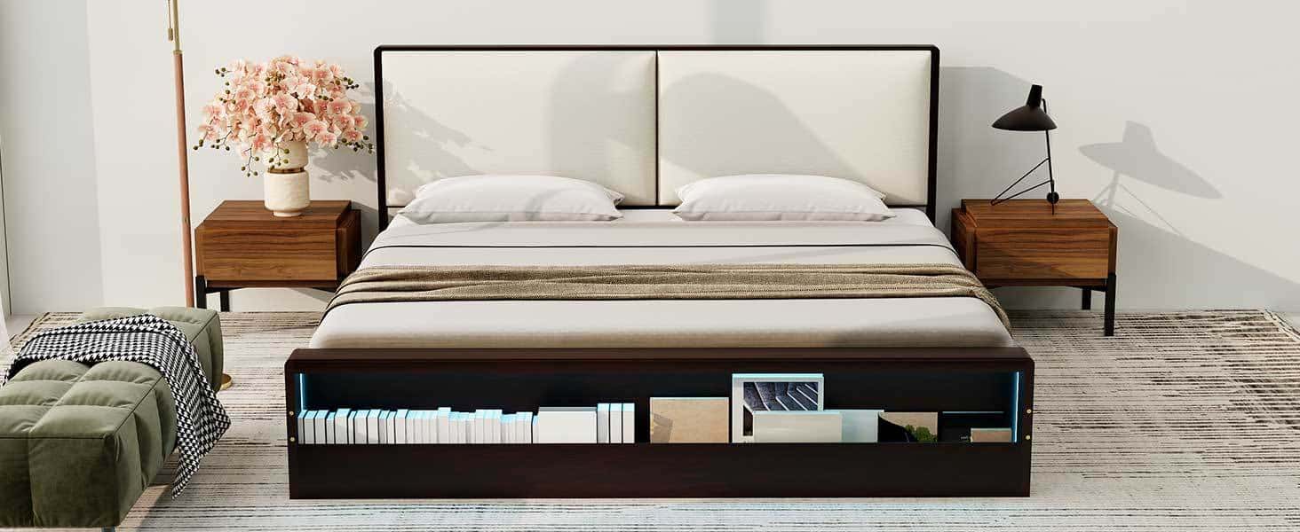 King Size Platform Bed Frame with Upholstery Headboard and Bookshelf in Footboard and LED Light Strips, Espresso