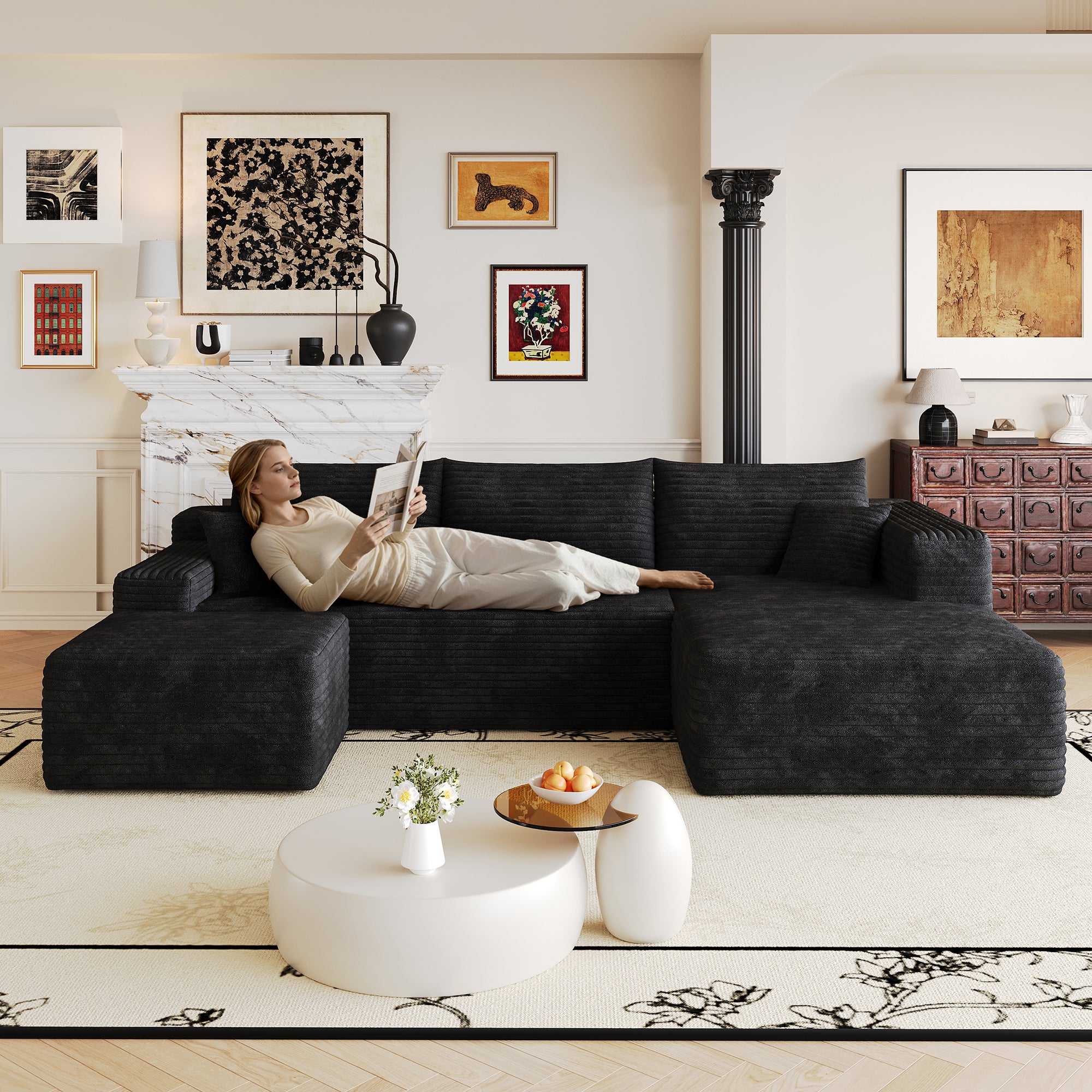 Black corduroy L-shaped sectional sofa, 103 inch, front view