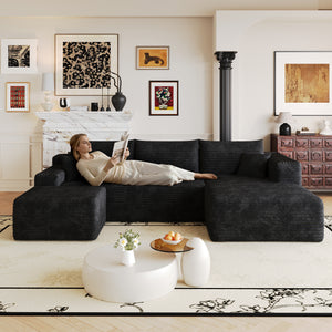 Black corduroy L-shaped sectional sofa, 103 inch, front view