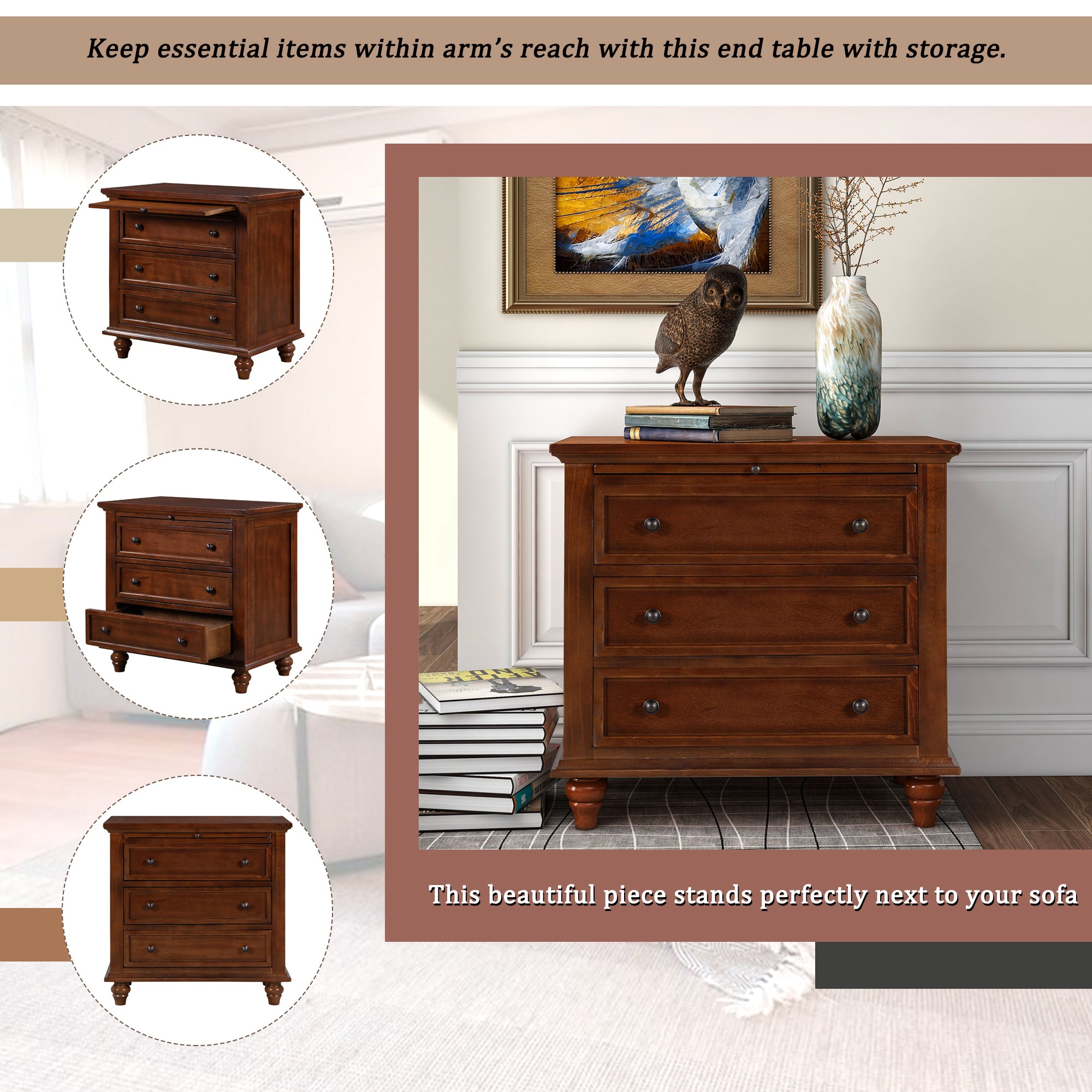 Minimalist nightstand with pull-out tray extended, detail view