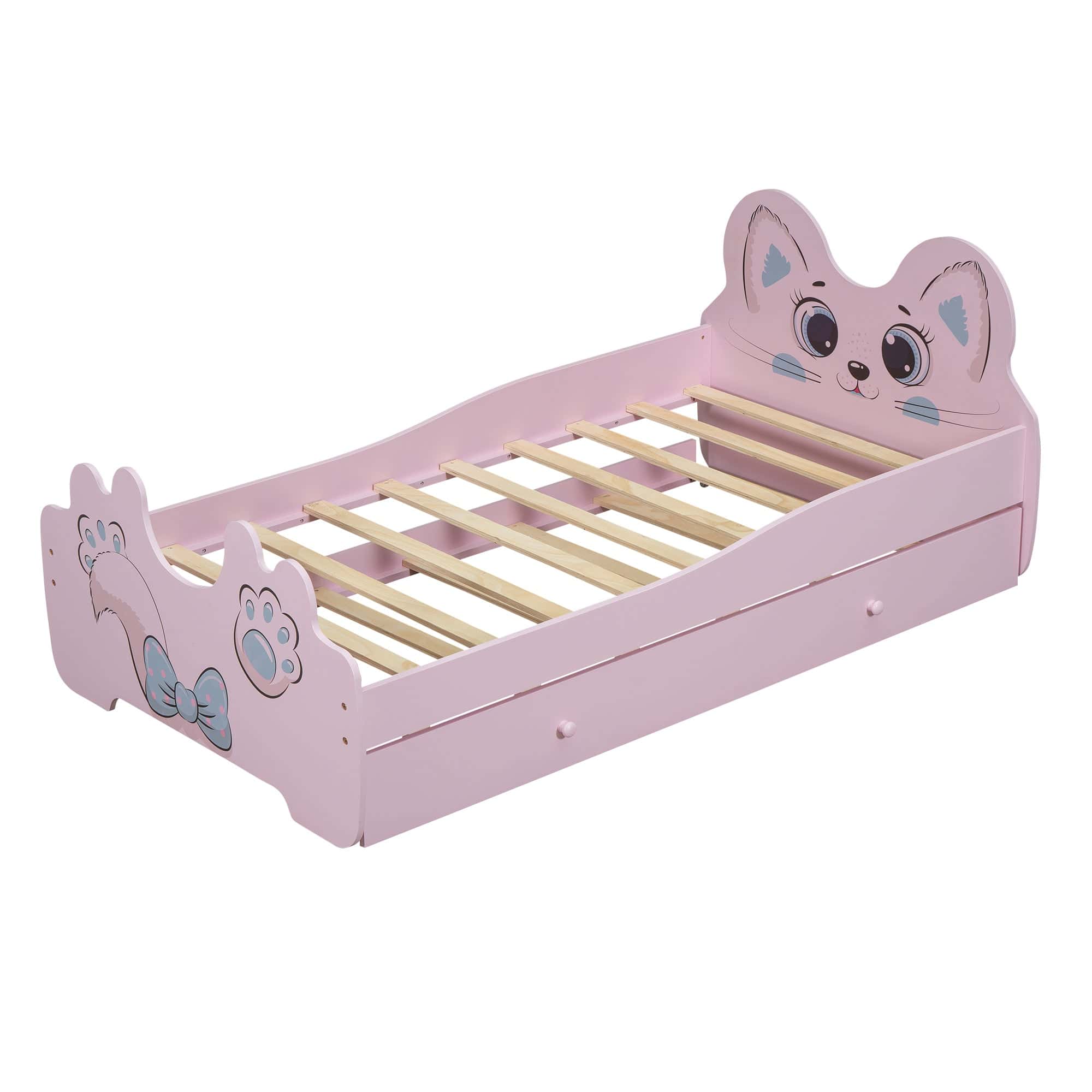 Cartoon Twin Size Platform Bed with Trundle, Pink