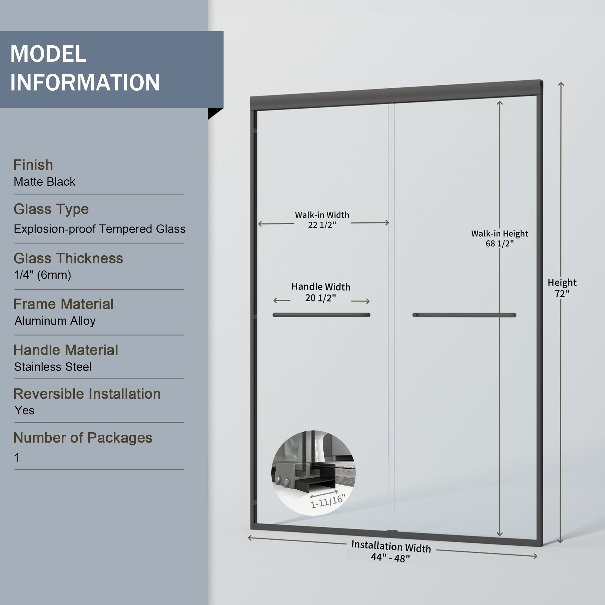 44-60 x 72 in Semi-Frameless Double Sliding Shower Door - 44-48 x 72 in / Matte Black view 6