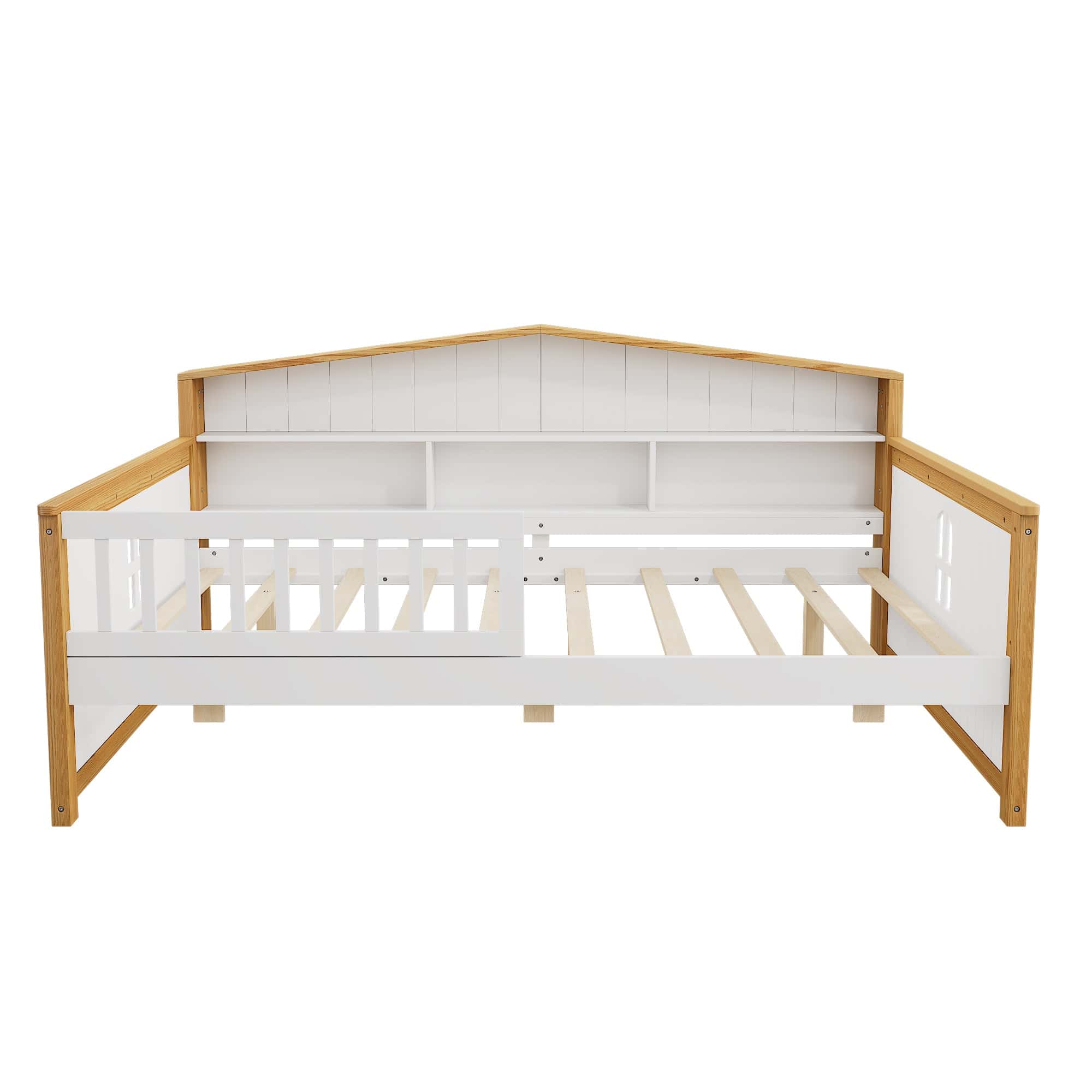 Full Size House Shape Daybed with Trundle and Bookcase Headboard Wooden Bed for Girls Boys Teens, No Box Spring Needed, Walnut and White