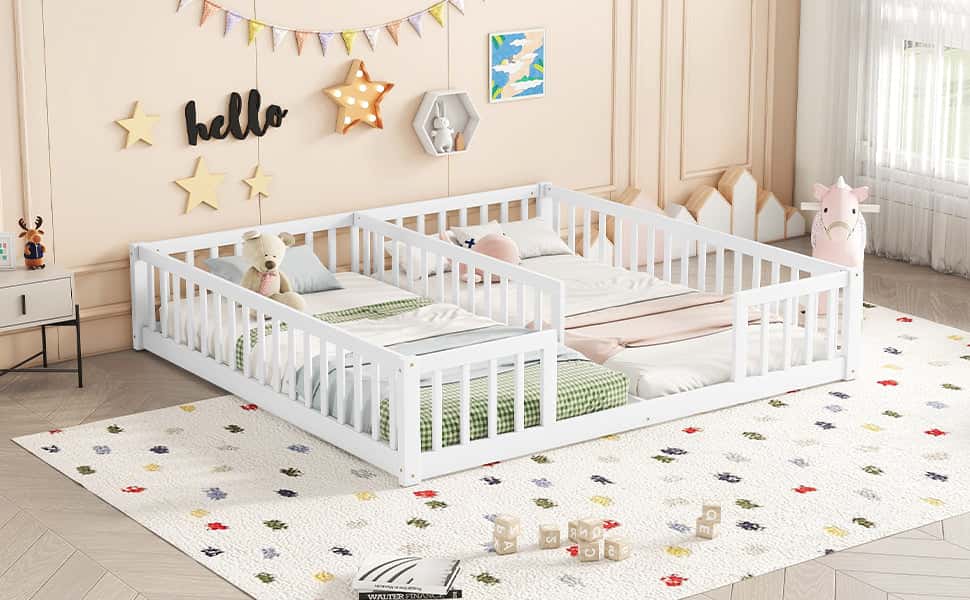Double Twin Floor Bed with Fence, Guardrails, without door, White