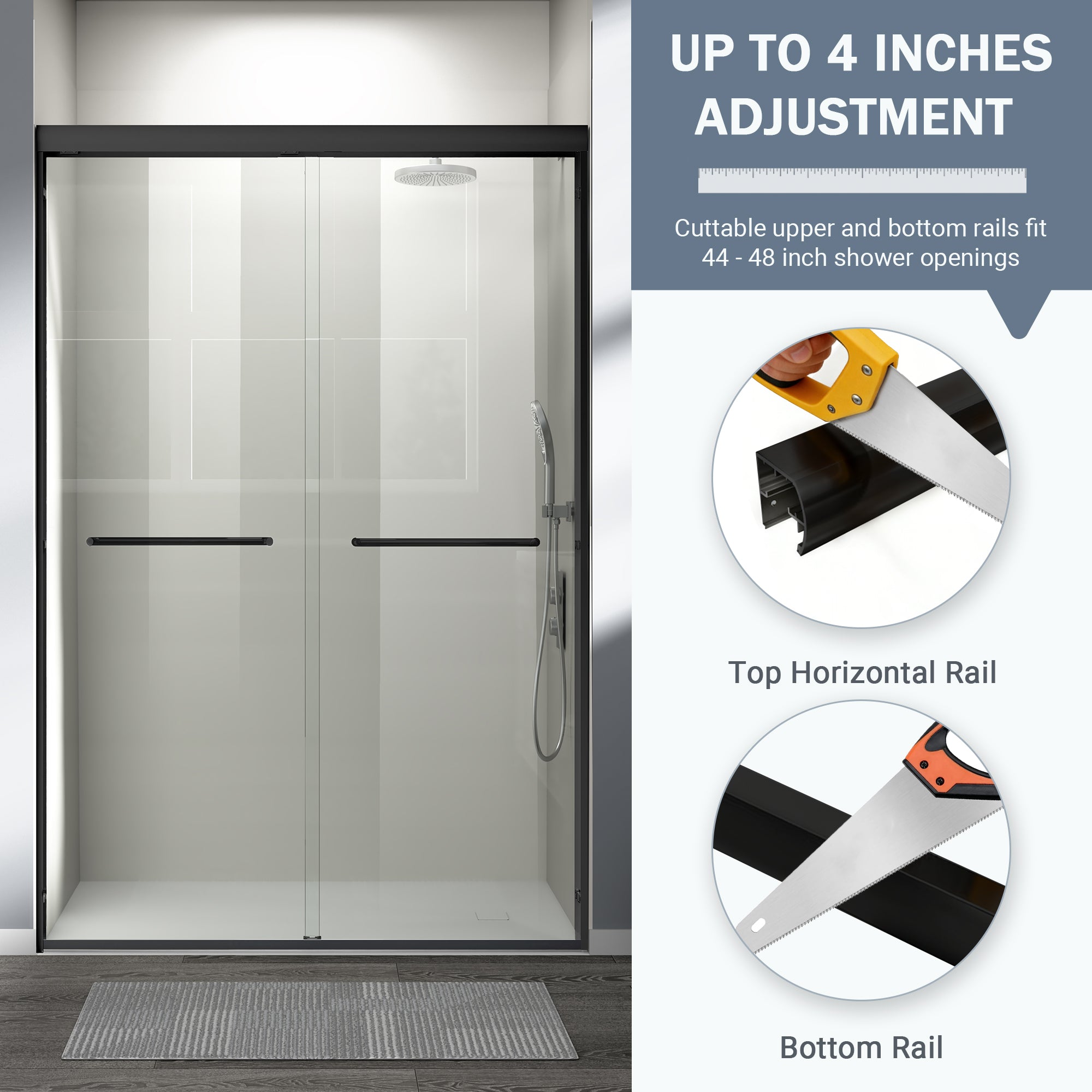 44-60 x 72 in Semi-Frameless Double Sliding Shower Door - 44-48 x 72 in / Matte Black view 4
