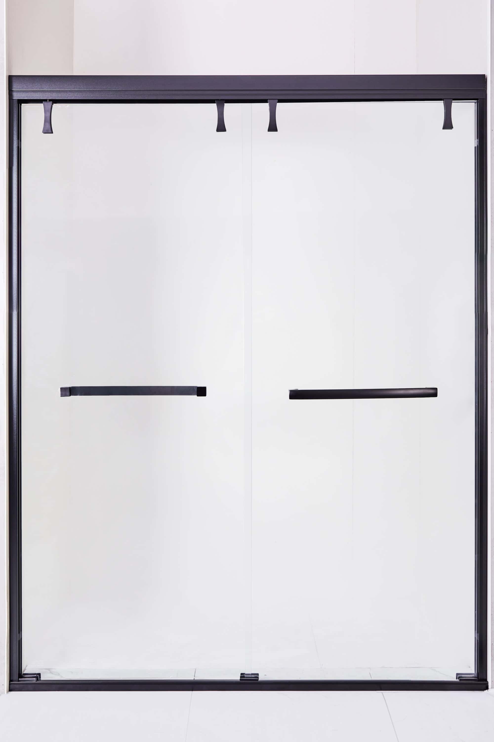 56-60"W x 76"H Semi-Frameless Shower Door, Double Sliding Shower Door, 5/16" (8mm) Clear Tempered Glass Shower Door with Explosion-Proof Film, Matte Black 24D212-60MB-COMBO-1