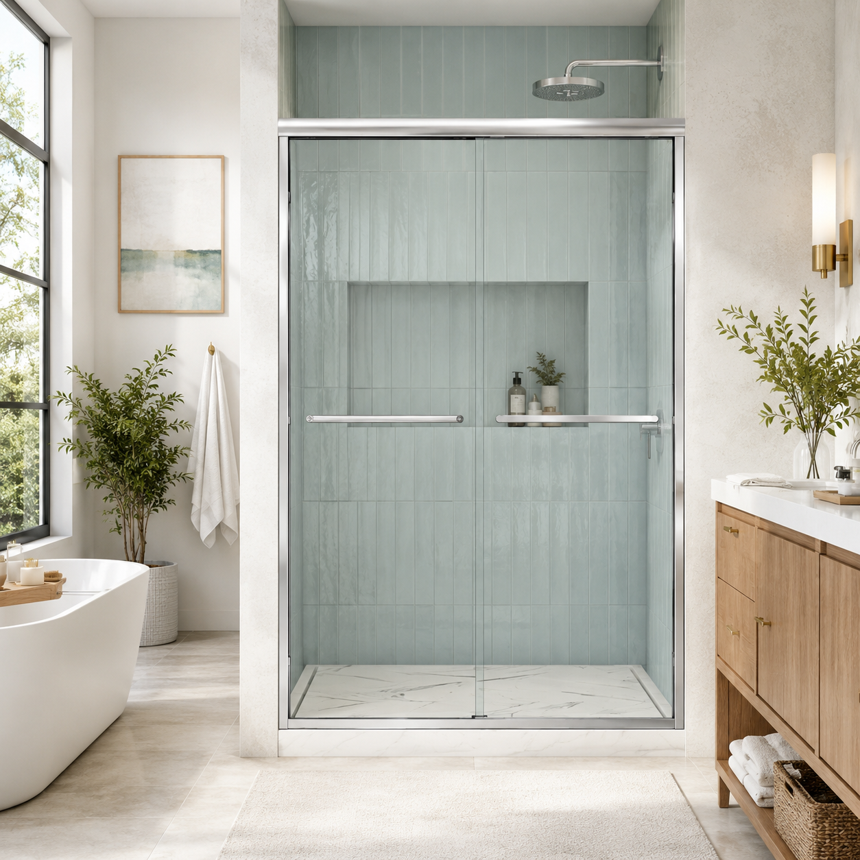44-60 x 70-76 in Framed Double Sliding Shower Door - 44-48 x 76 in / Clear Glass / Chrome view 1
