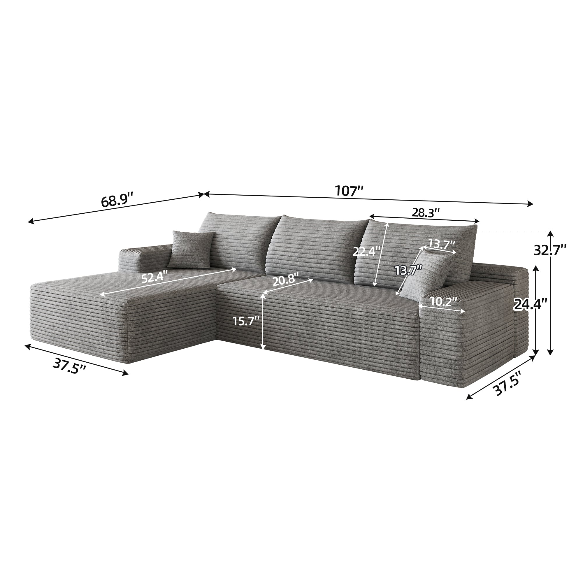 Modular grey corduroy sectional sofa, living room setting