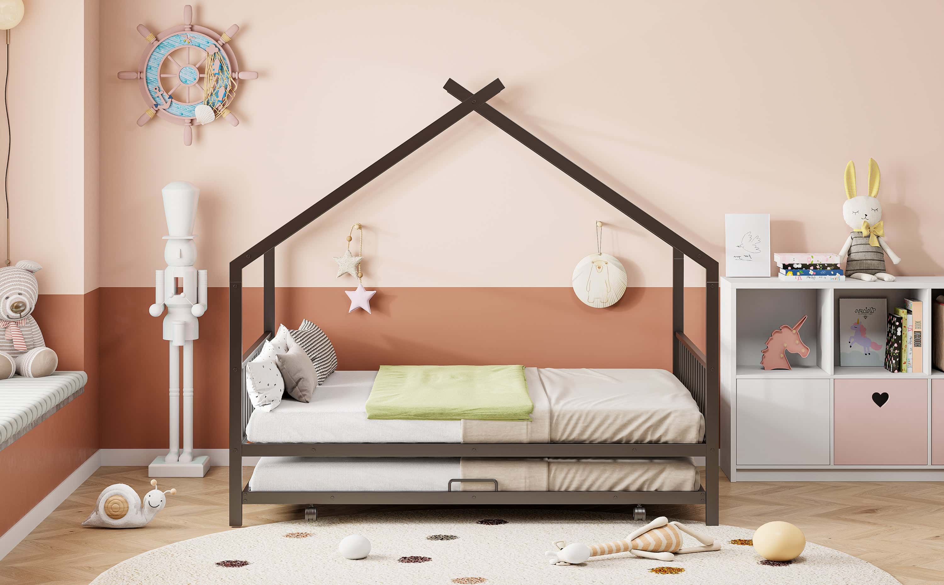Full Size Metal House Bed with Twin Size Trundle, Black