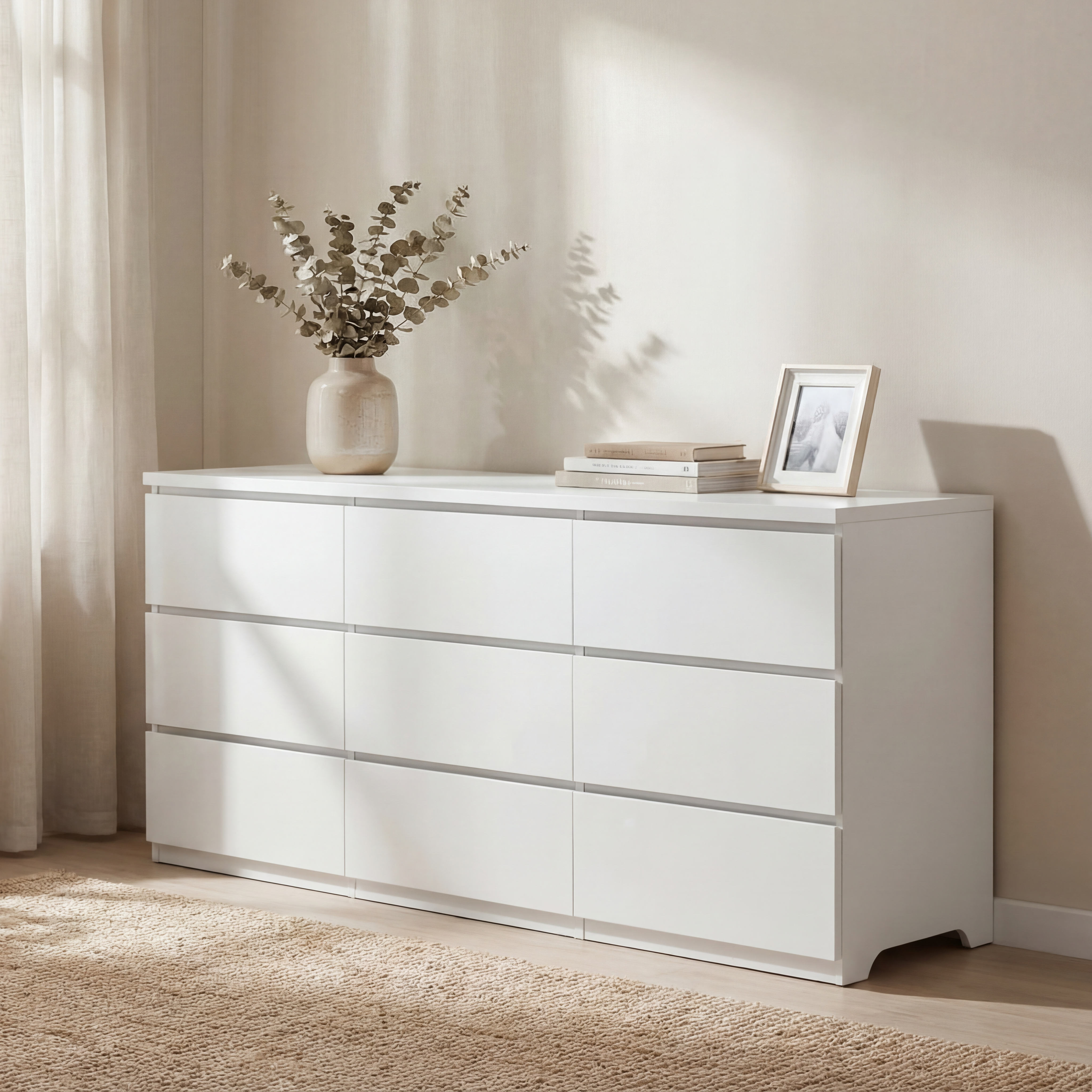 Modern white wood chest of drawers drawers open detail
